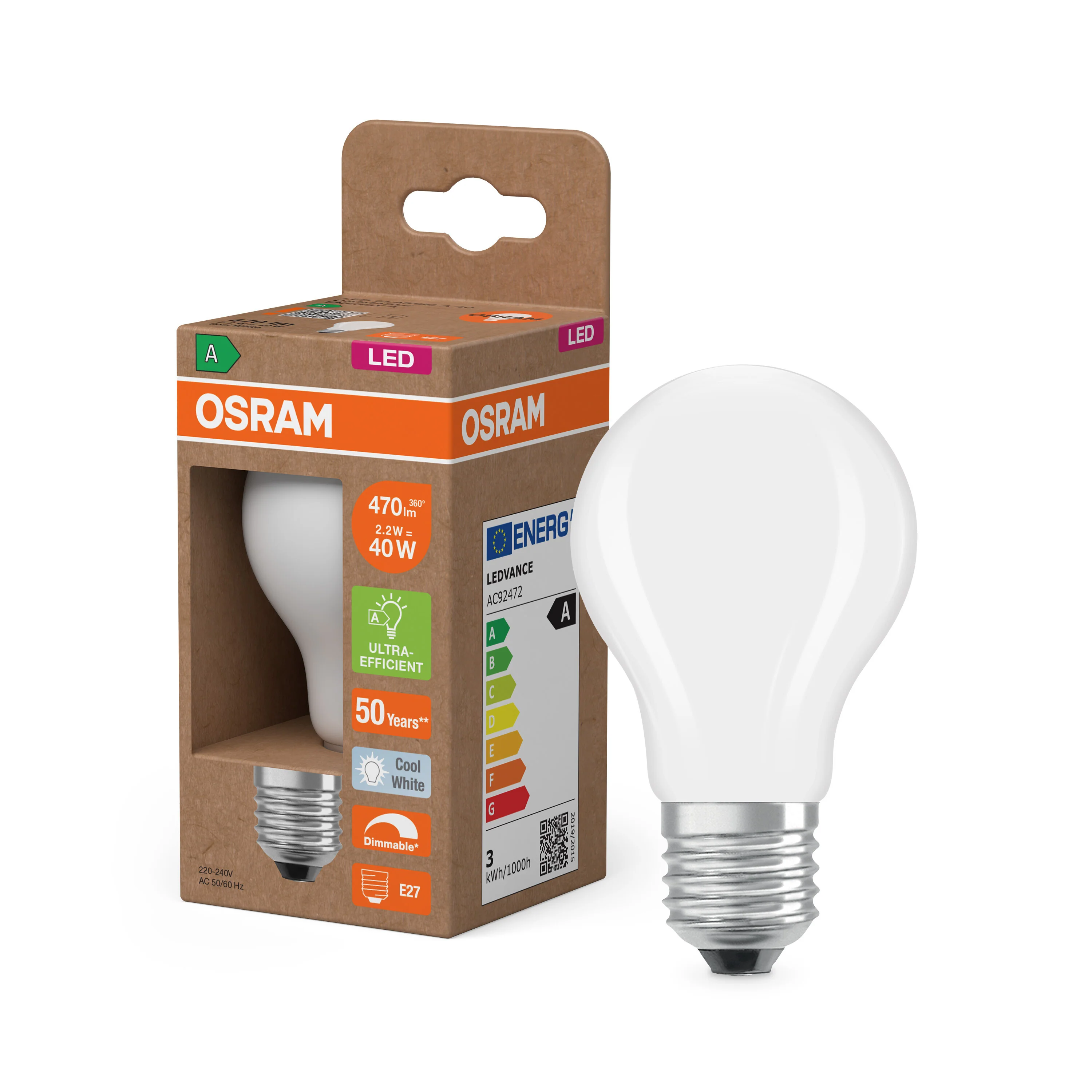 Żarówka LED OSRAM LED Classic A 40 Filament DIM Energy efficiency class A 2.2W 840 Frosted E27 - Image 4