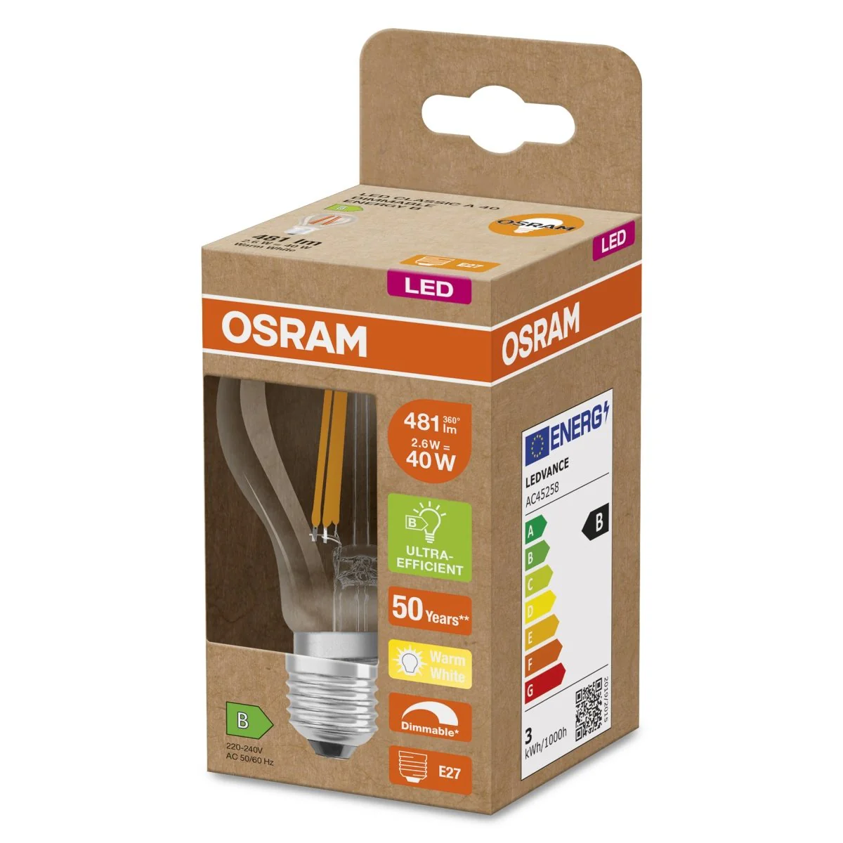 Żarówka LED OSRAM LED Classic A 40 Filament DIM Energy efficiency class B 2.6W 827 Clear E27 - Image 2