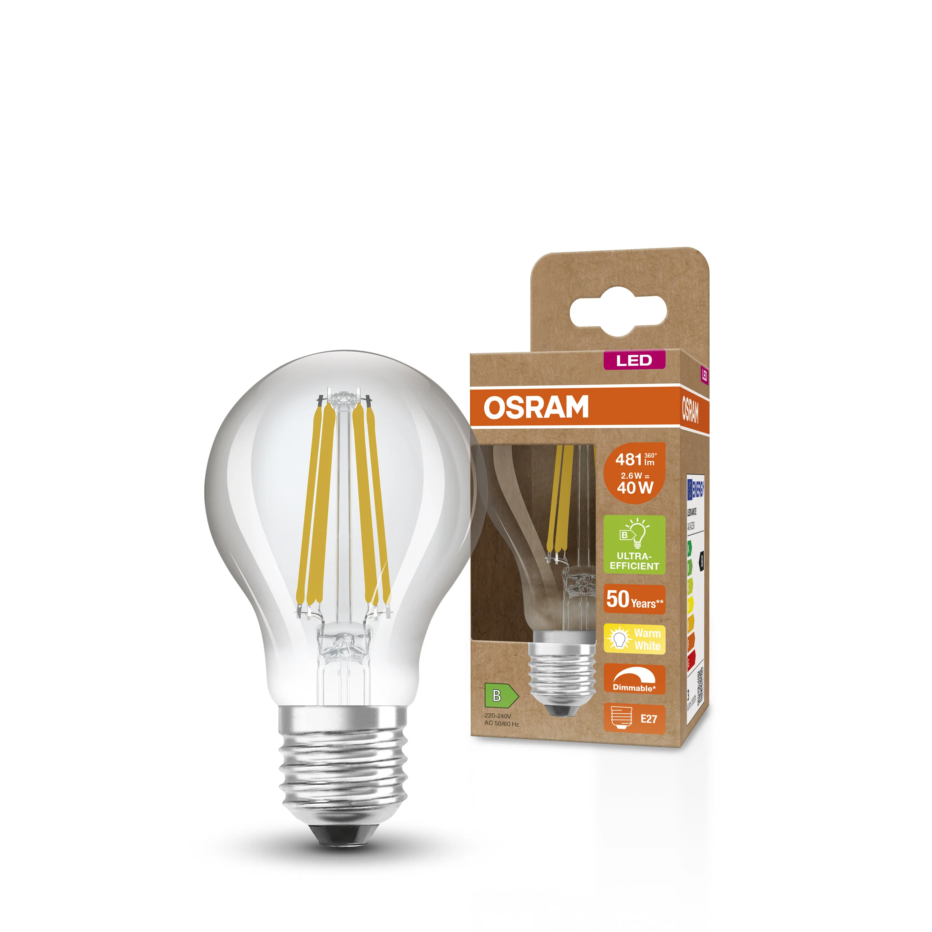 Żarówka LED OSRAM LED Classic A 40 Filament DIM Energy efficiency class B 2.6W 827 Clear E27 - Image 4