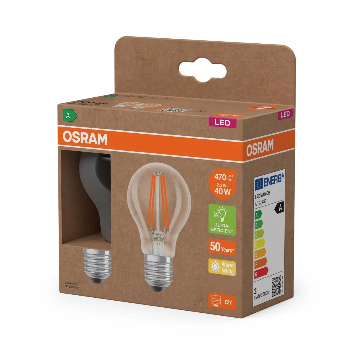 Żarówka LED OSRAM LED Classic A 40 Filament Energy efficiency class A 2.2W 827 Clear E27 ciepła - Image 2