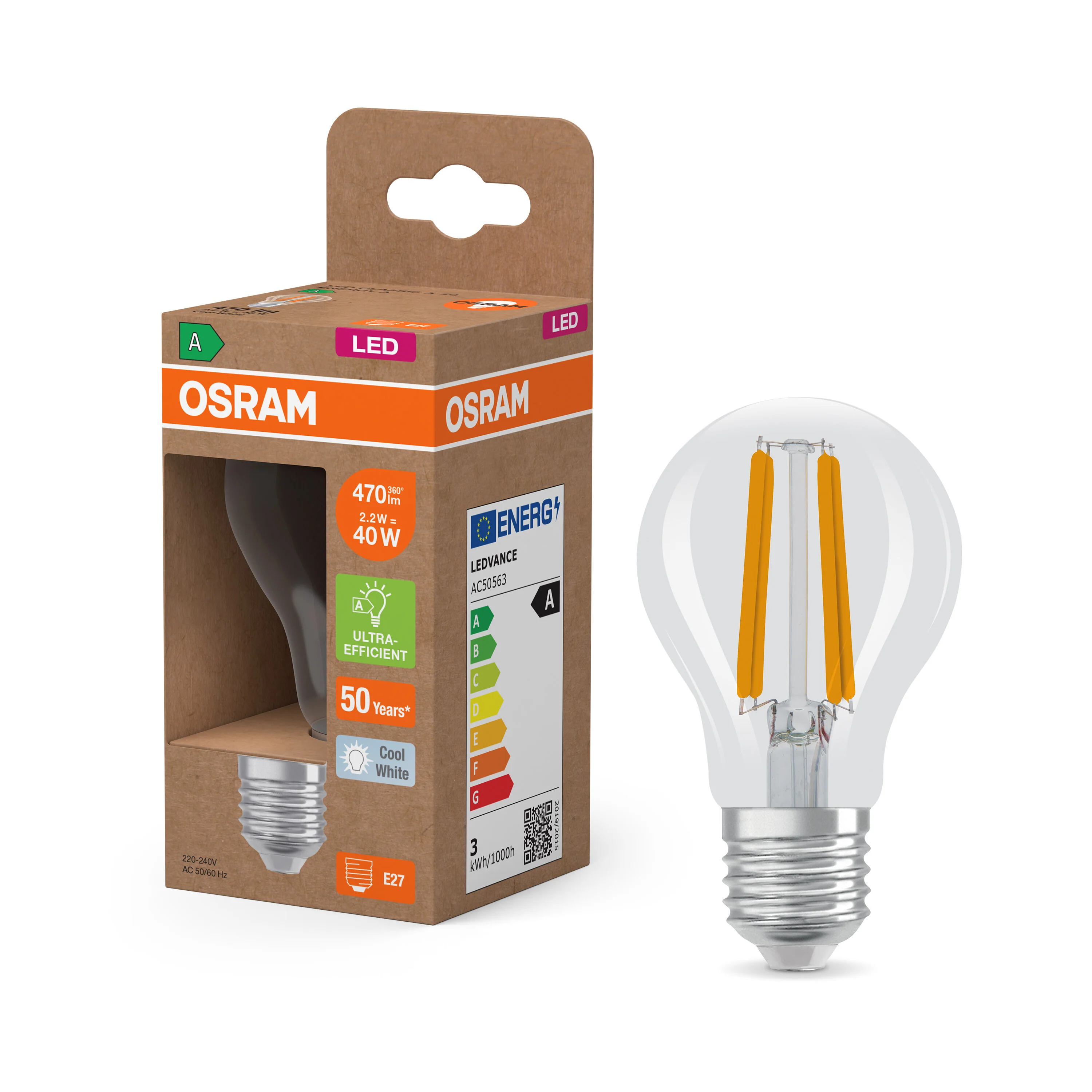 Żarówka LED OSRAM LED Classic A 40 Filament Energy efficiency class A 2.2W 840 Clear E27 neutralna - Image 4