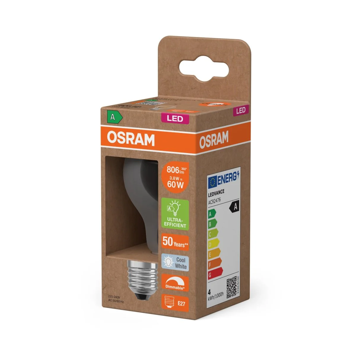 Żarówka LED OSRAM LED Classic A 60 Filament DIM Energy efficiency class A 3.8W 840 Clear E27 - Image 2