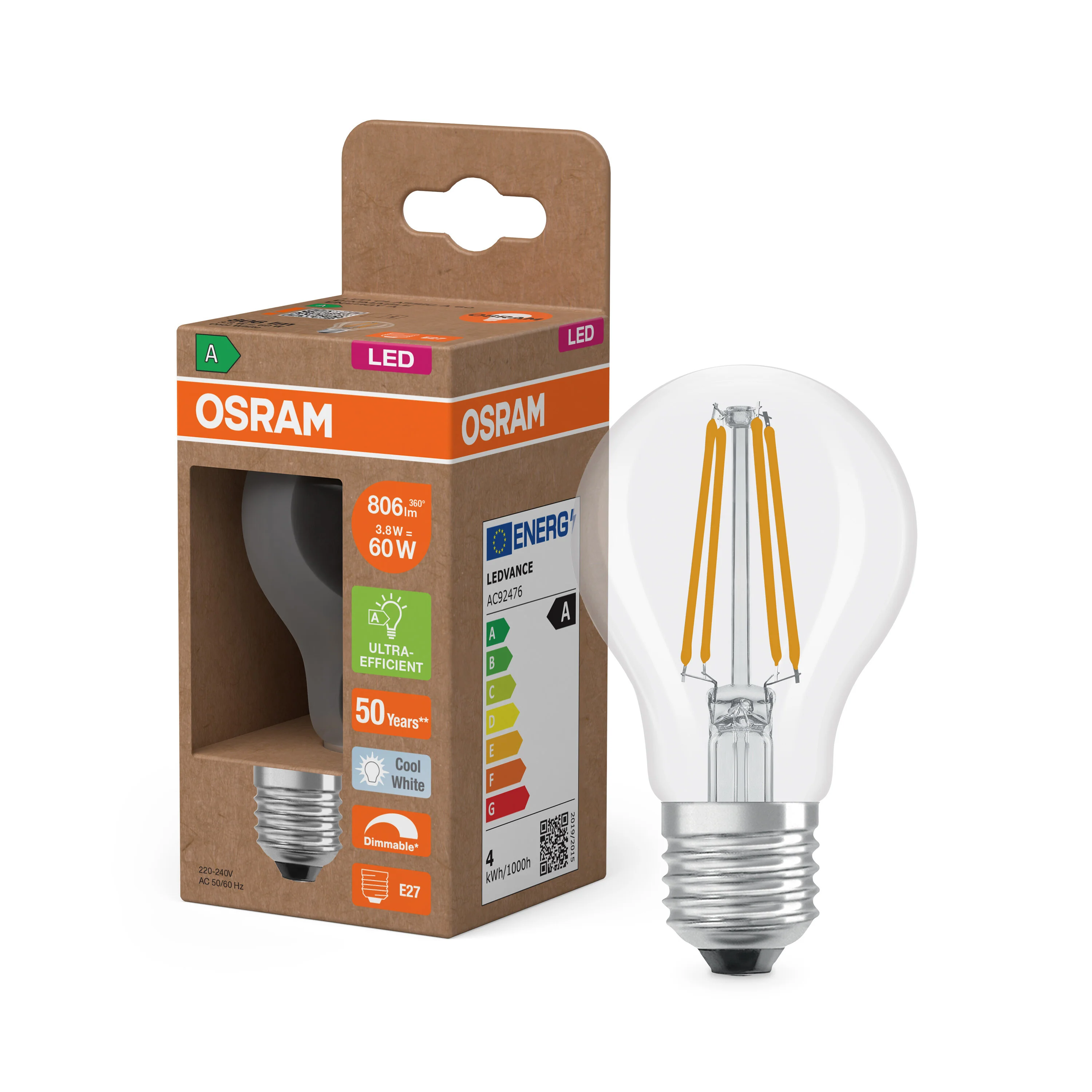 Żarówka LED OSRAM LED Classic A 60 Filament DIM Energy efficiency class A 3.8W 840 Clear E27 - Image 4