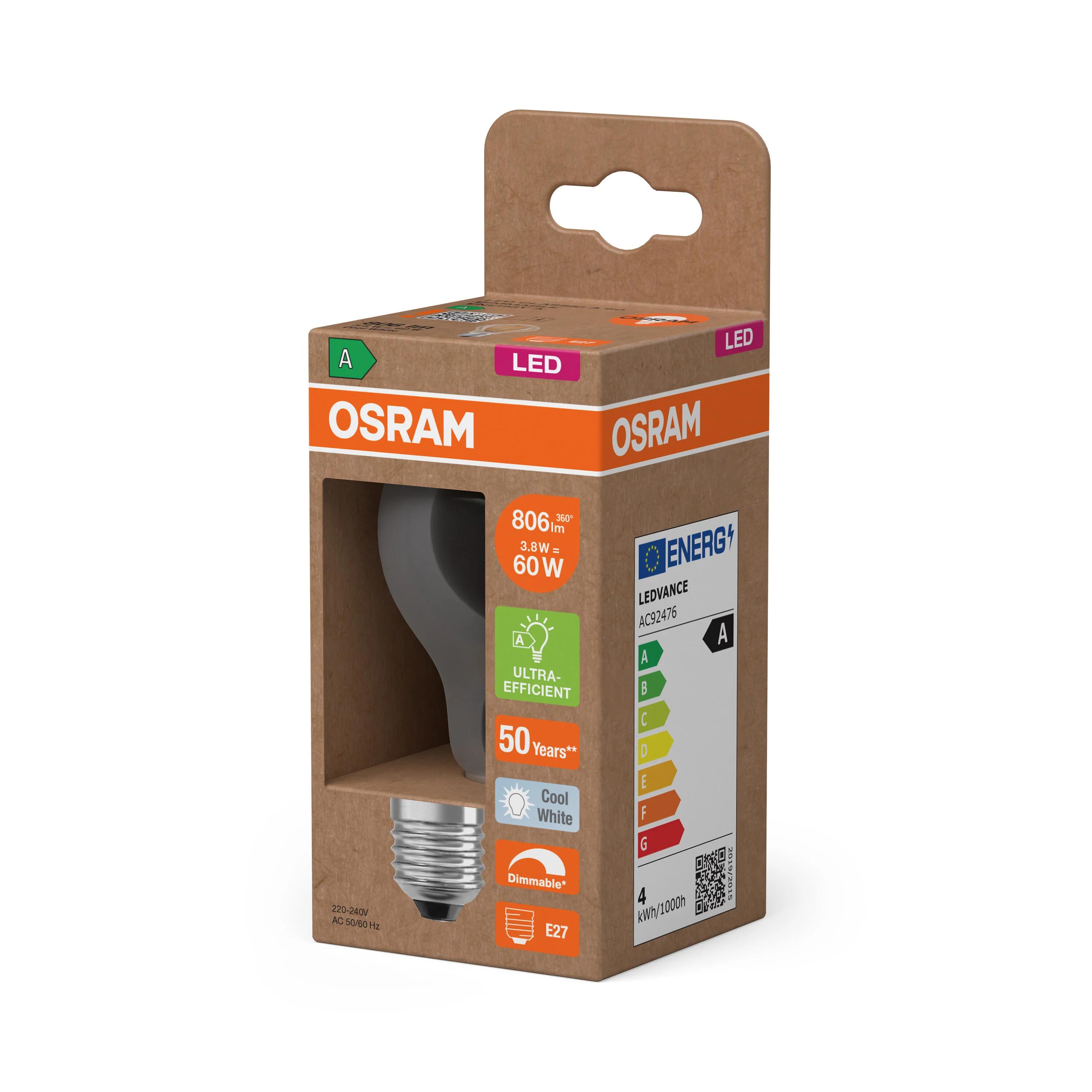 Żarówka LED OSRAM LED Classic A 60 Filament DIM Energy efficiency class A 3.8W 840 Clear E27 - Image 5