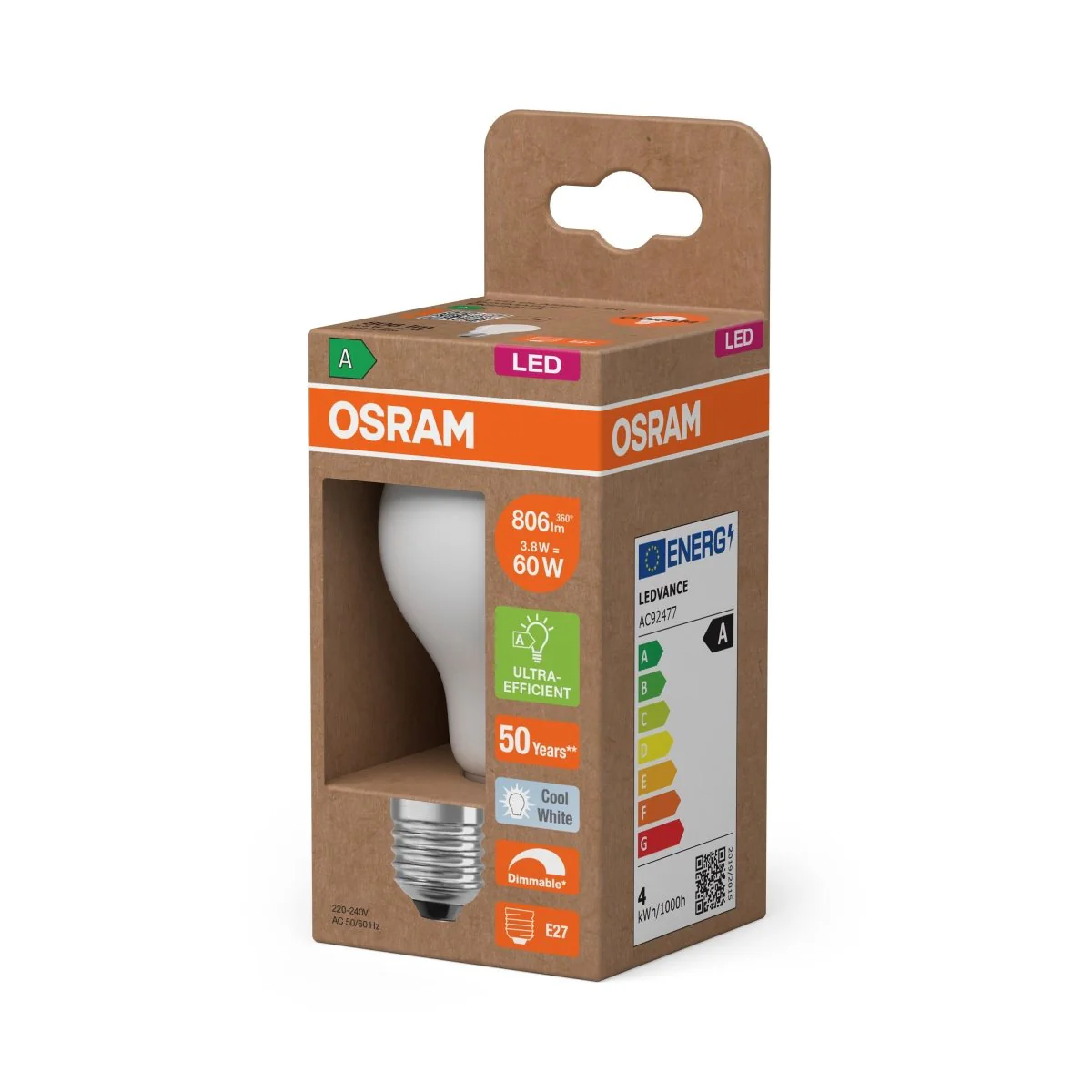 Żarówka LED OSRAM LED Classic A 60 Filament DIM Energy efficiency class A 3.8W 840 Frosted E27 - Image 2