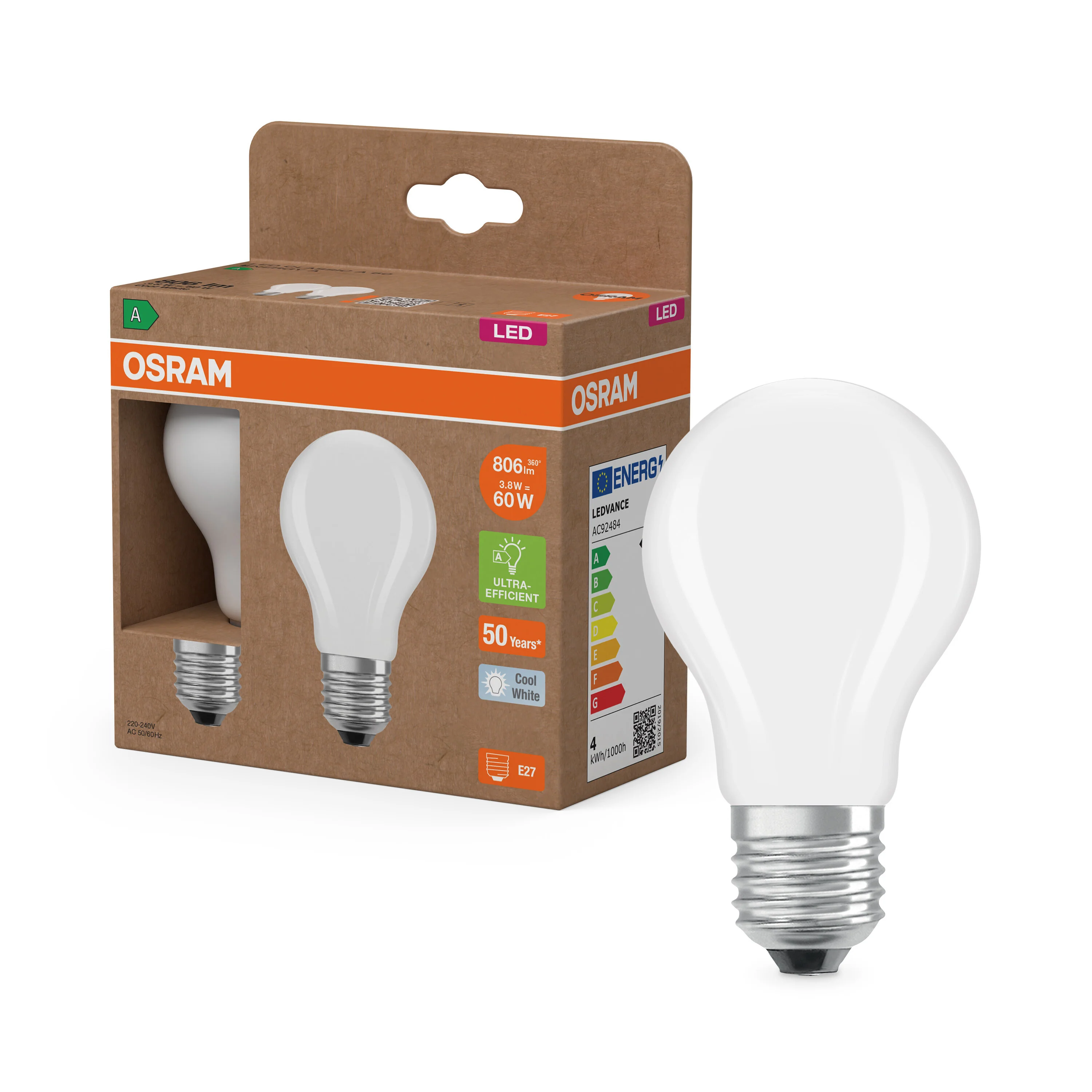 Żarówka LED OSRAM LED Classic A 60 Filament Energy efficiency class A 3.8W 840 Frosted E27 - Image 4