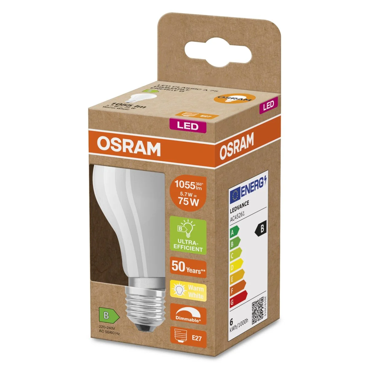 Żarówka LED OSRAM LED Classic A 75 DIM Energy efficiency class B 5.7W 827 Frosted E27 - Image 2