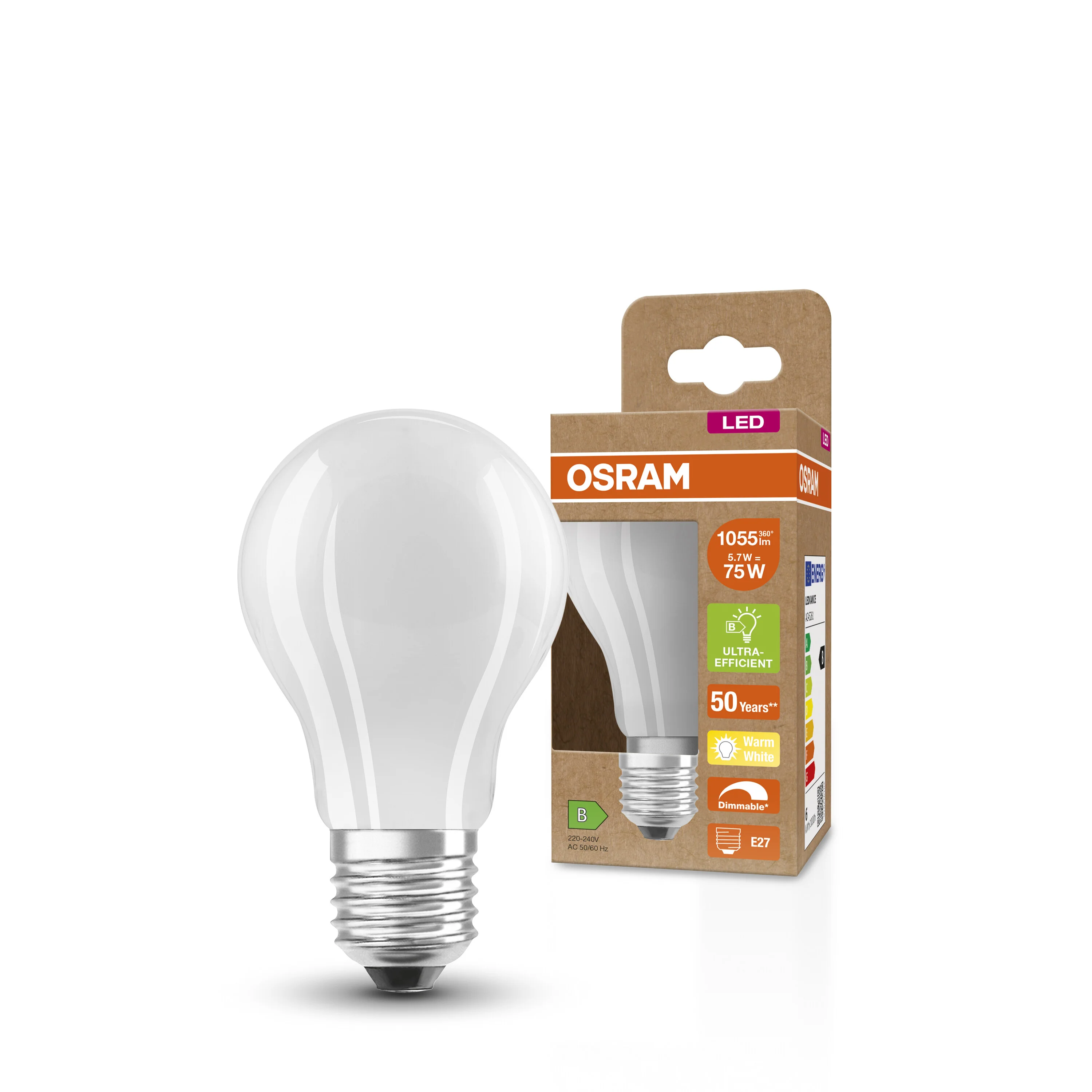 Żarówka LED OSRAM LED Classic A 75 DIM Energy efficiency class B 5.7W 827 Frosted E27 - Image 4