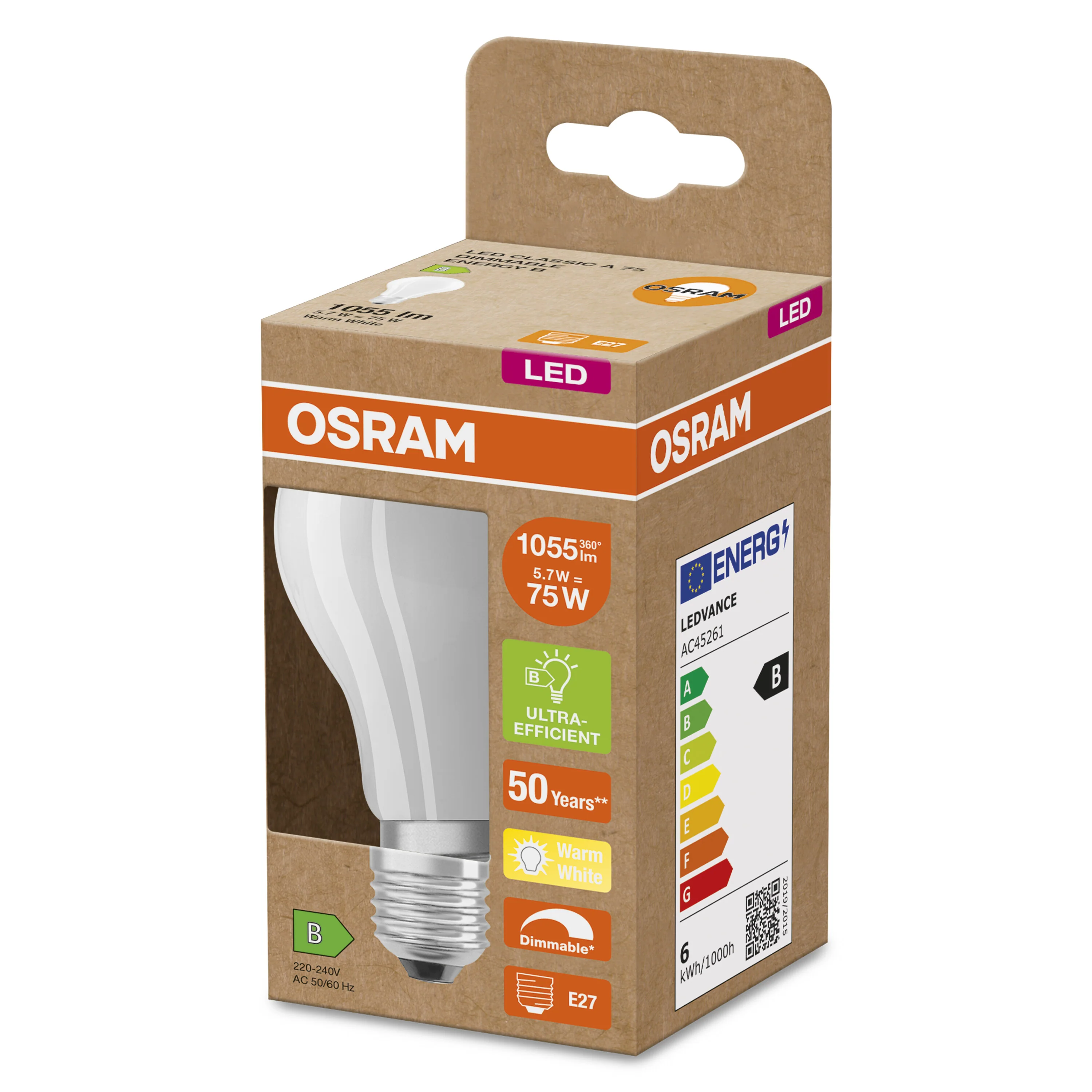 Żarówka LED OSRAM LED Classic A 75 DIM Energy efficiency class B 5.7W 827 Frosted E27 - Image 5