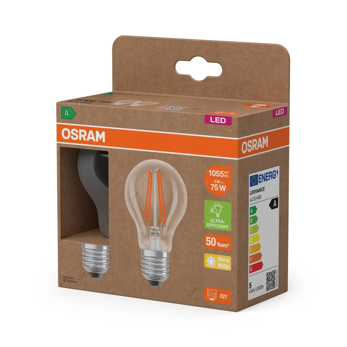 Żarówka LED OSRAM LED Classic A 75 Filament Energy efficiency class A 5W 827 Clear E27 - Image 2