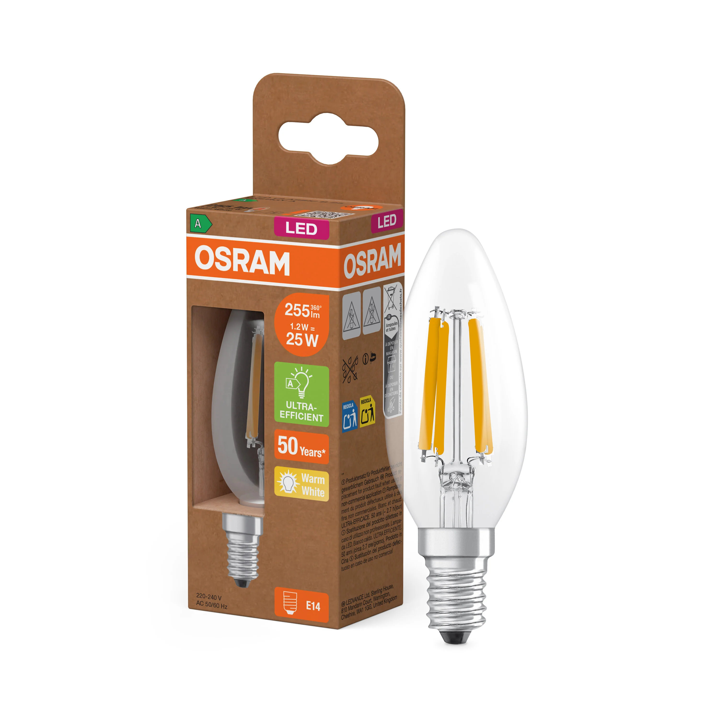 Żarówka LED OSRAM LED Classic B 25 Filament Energy efficiency class A 1.2W 827 Clear E14 - Image 4