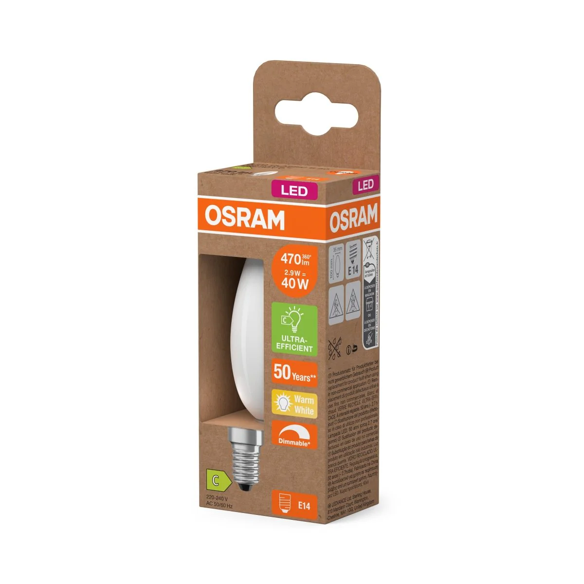Żarówka LED OSRAM LED Classic B 40 DIM Energy efficiency class C 2.9W 827 Frosted E14 - Image 2