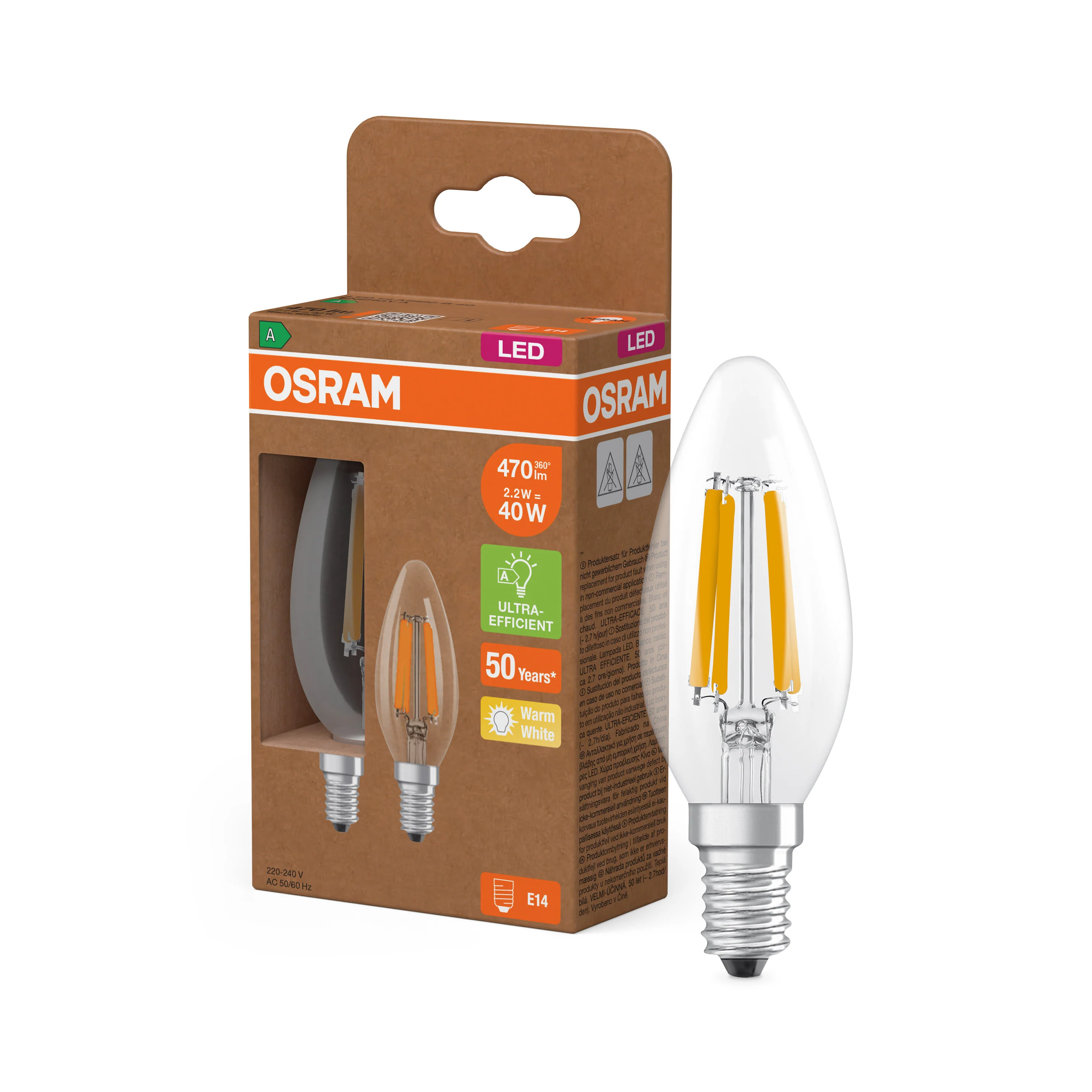 Żarówka LED OSRAM LED Classic B 40 Filament Energy efficiency class A 2.2W 827 Clear E14 ciepła - Image 4