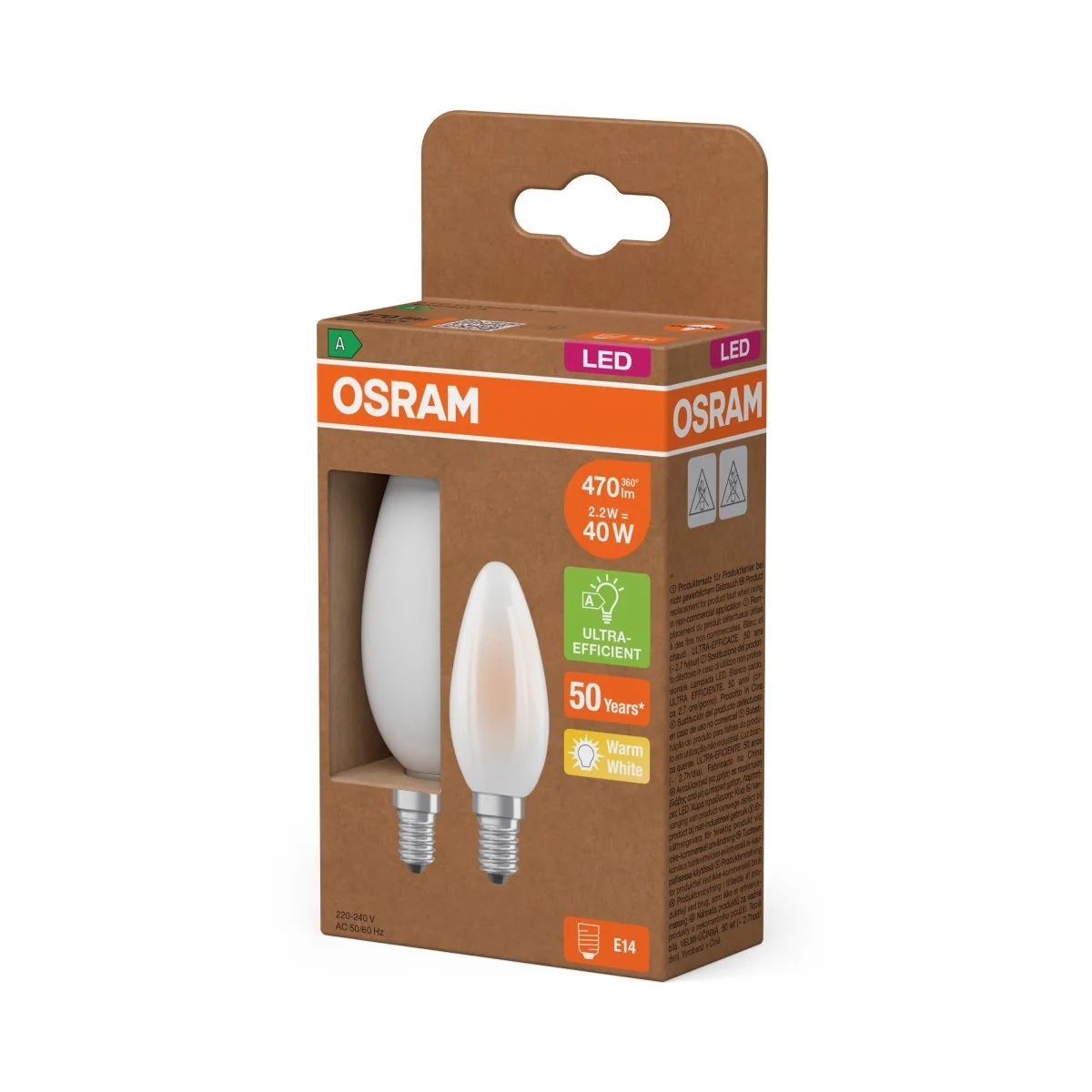 Żarówka LED OSRAM LED Classic B 40 Filament Energy efficiency class A 2.2W 827 Frosted E14 - Image 2