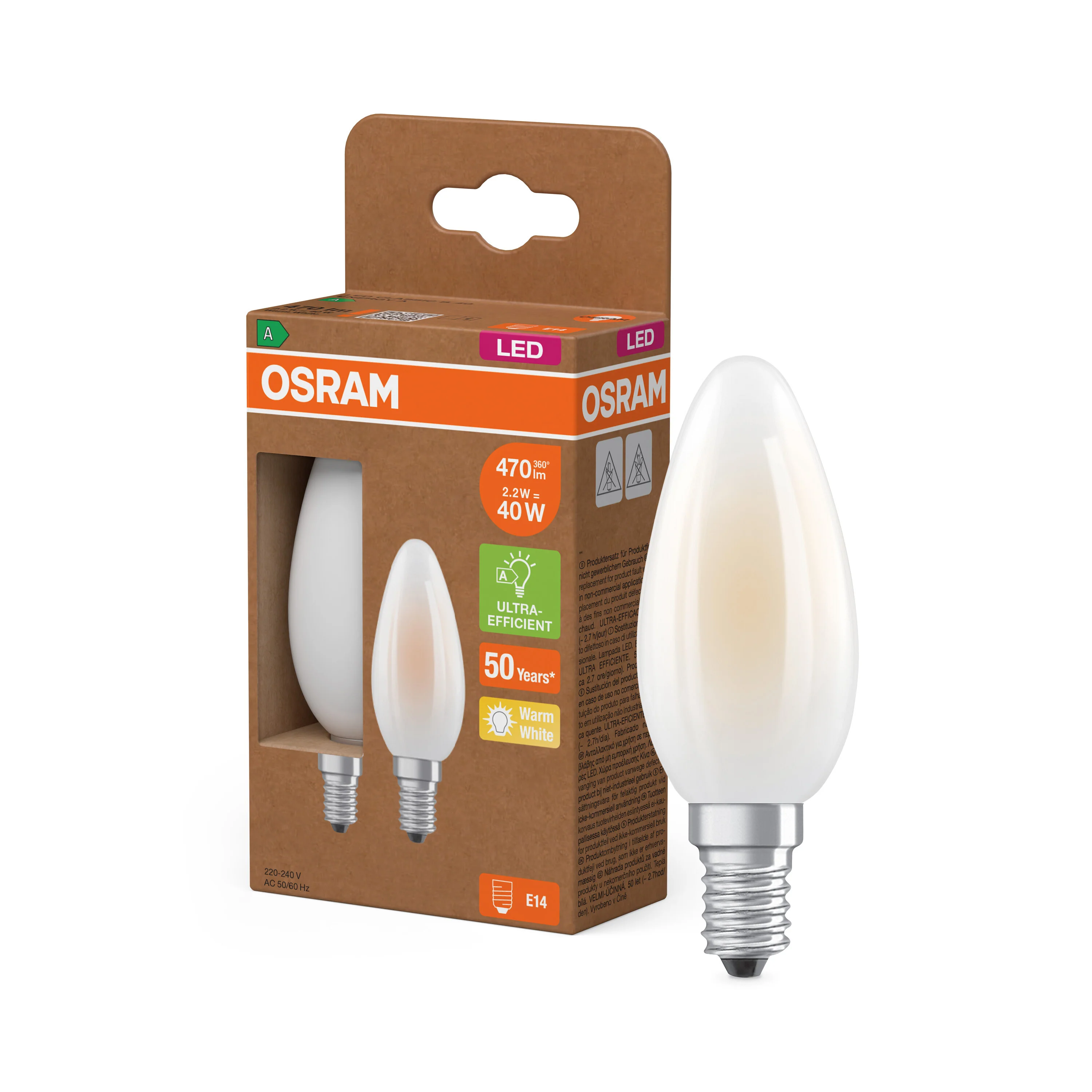 Żarówka LED OSRAM LED Classic B 40 Filament Energy efficiency class A 2.2W 827 Frosted E14 - Image 4