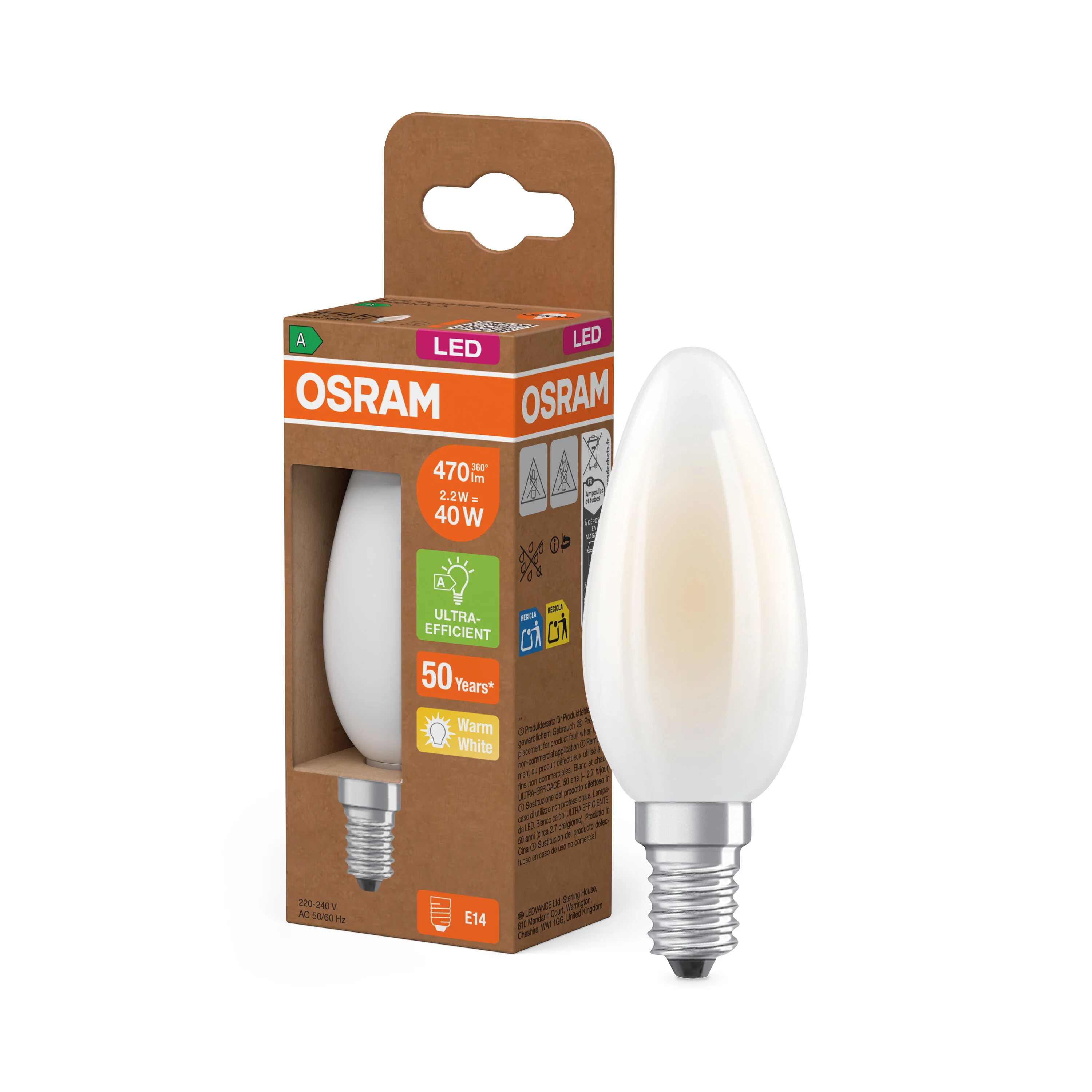 Żarówka LED OSRAM LED Classic B 40 Filament Energy efficiency class A 2.2W 827 Frosted E14 ciepła - Image 4