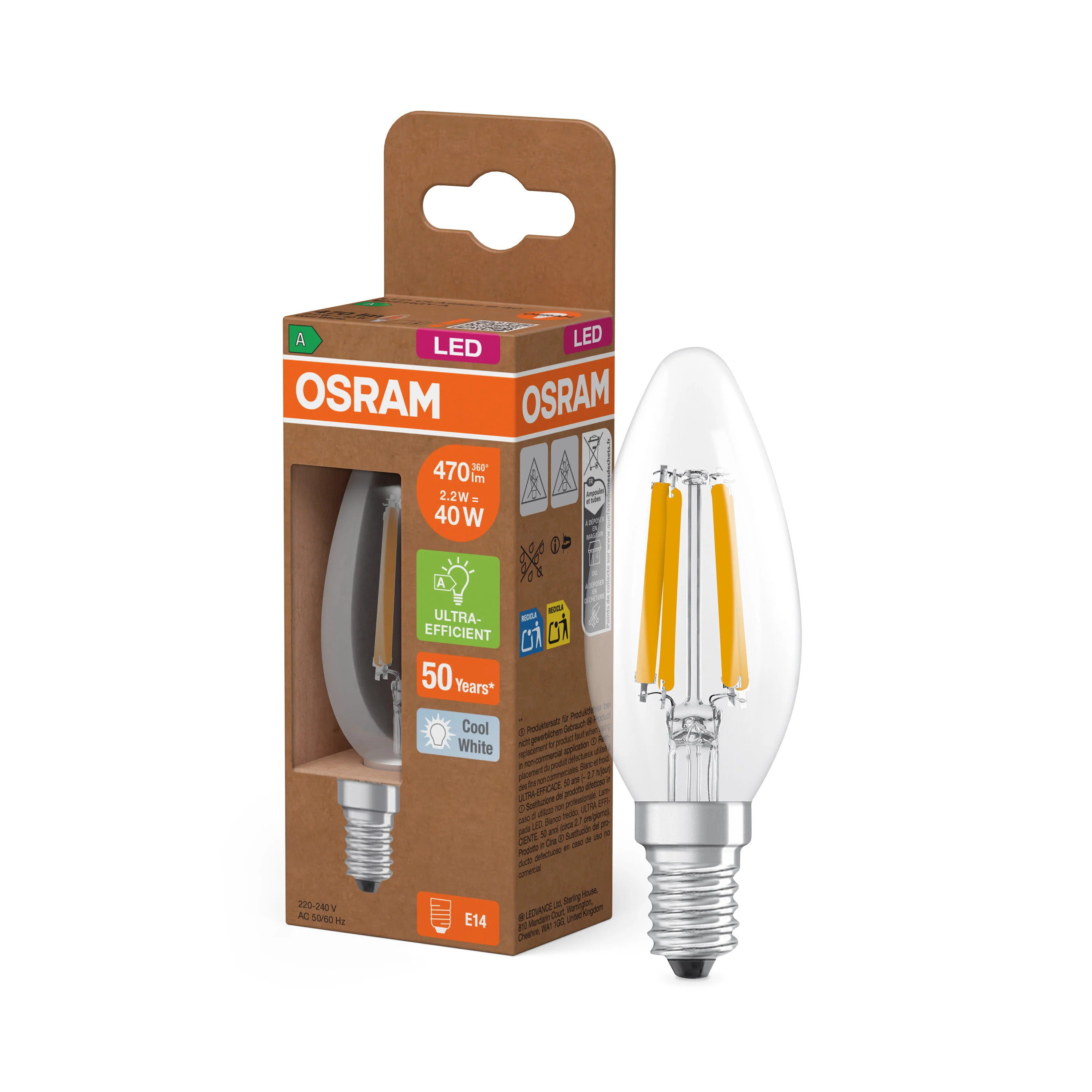 Żarówka LED OSRAM LED Classic B 40 Filament Energy efficiency class A 2.2W 840 Clear E14 - Image 4