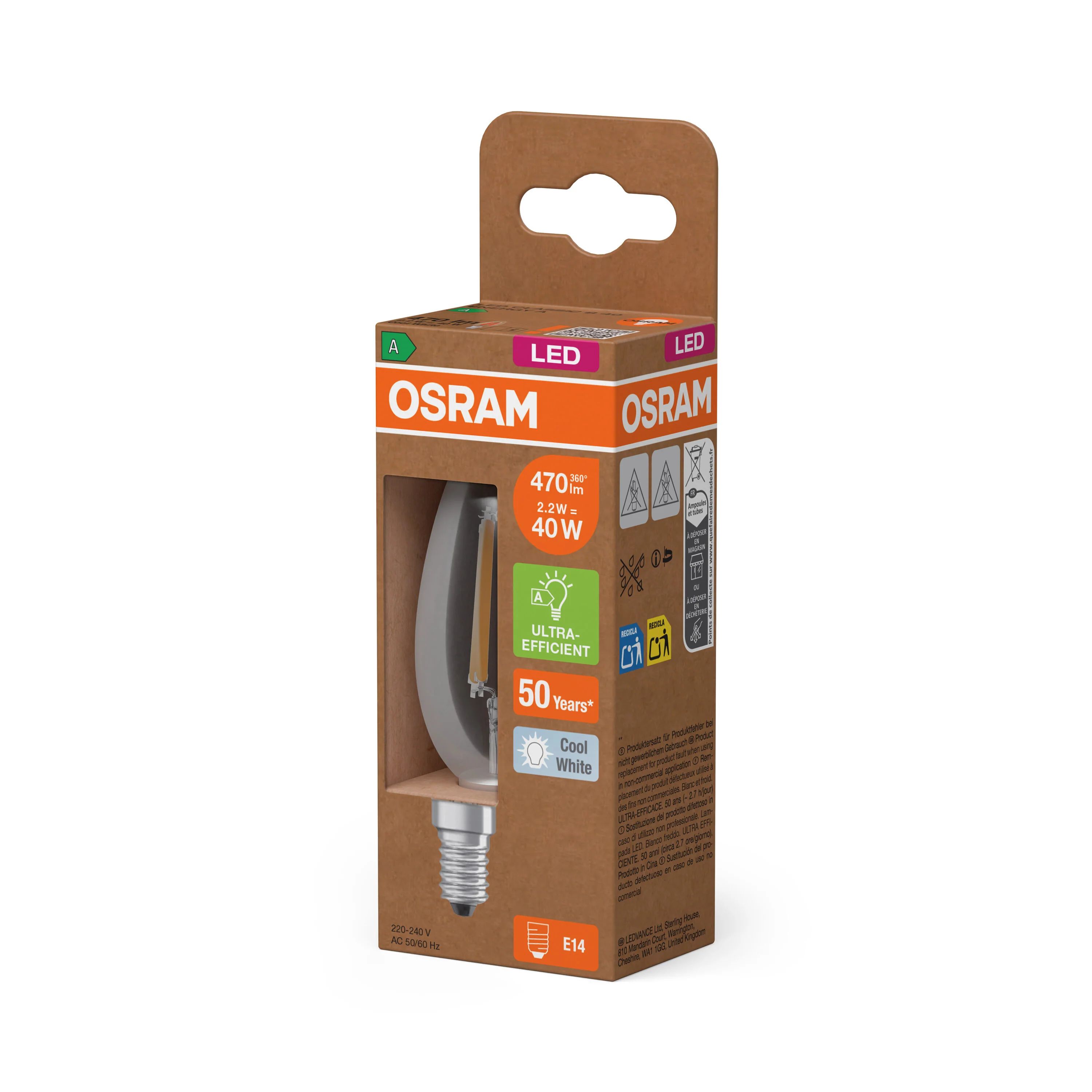 Żarówka LED OSRAM LED Classic B 40 Filament Energy efficiency class A 2.2W 840 Clear E14 - Image 5