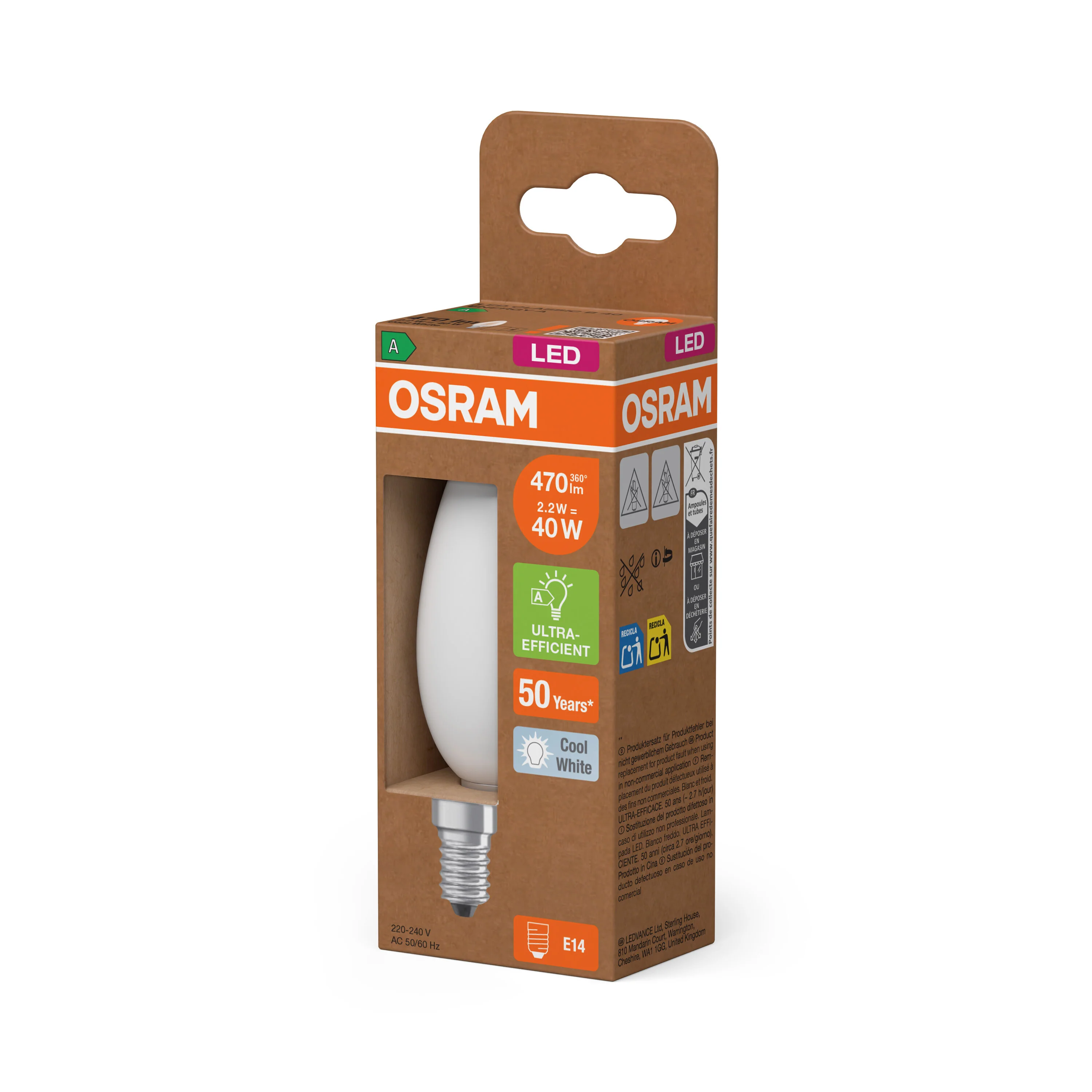 Żarówka LED OSRAM LED Classic B 40 Filament Energy efficiency class A 2.2W 840 Frosted E14 - Image 5
