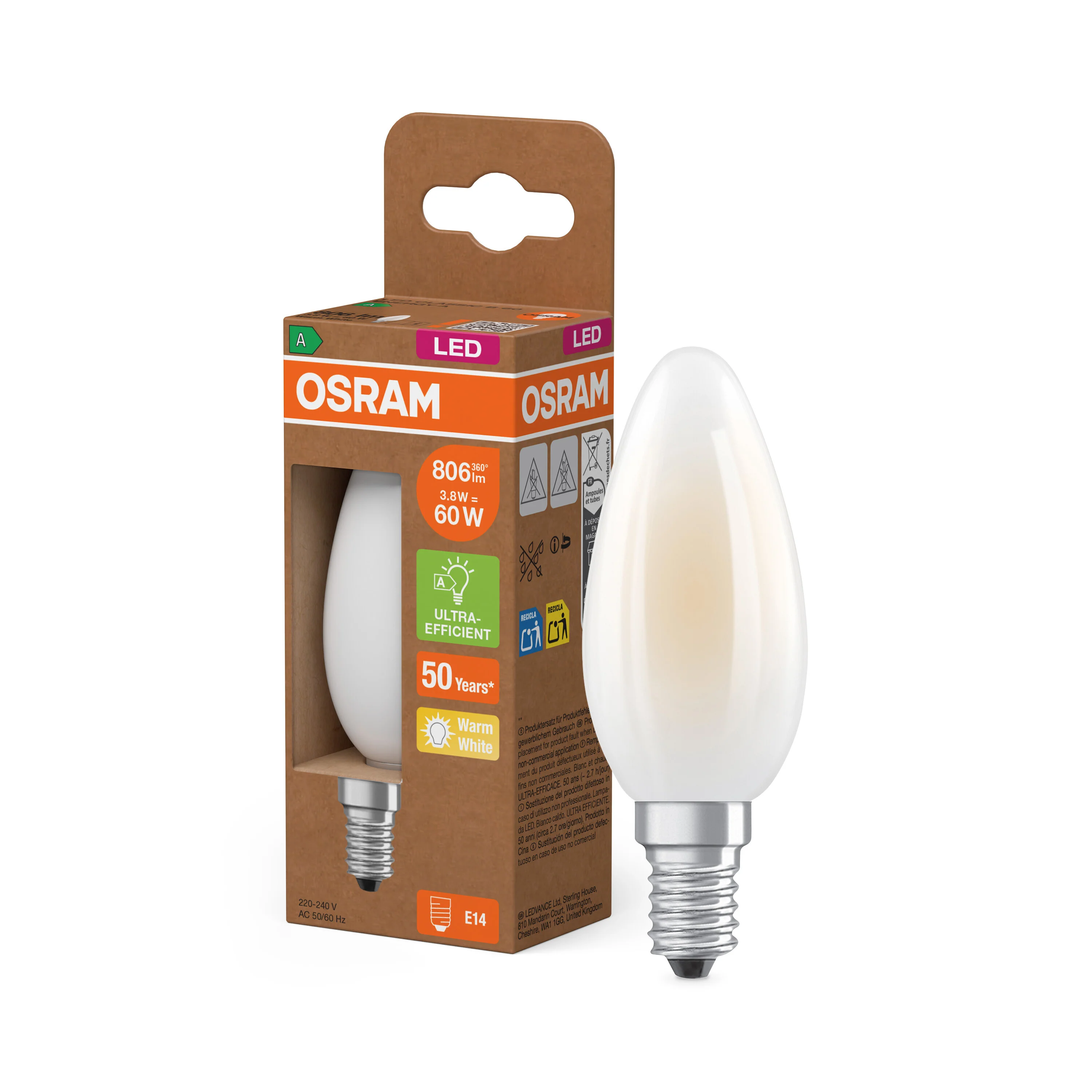 Żarówka LED OSRAM LED Classic B 60 Filament Energy efficiency class A 3.8W 827 Frosted E14 - Image 4