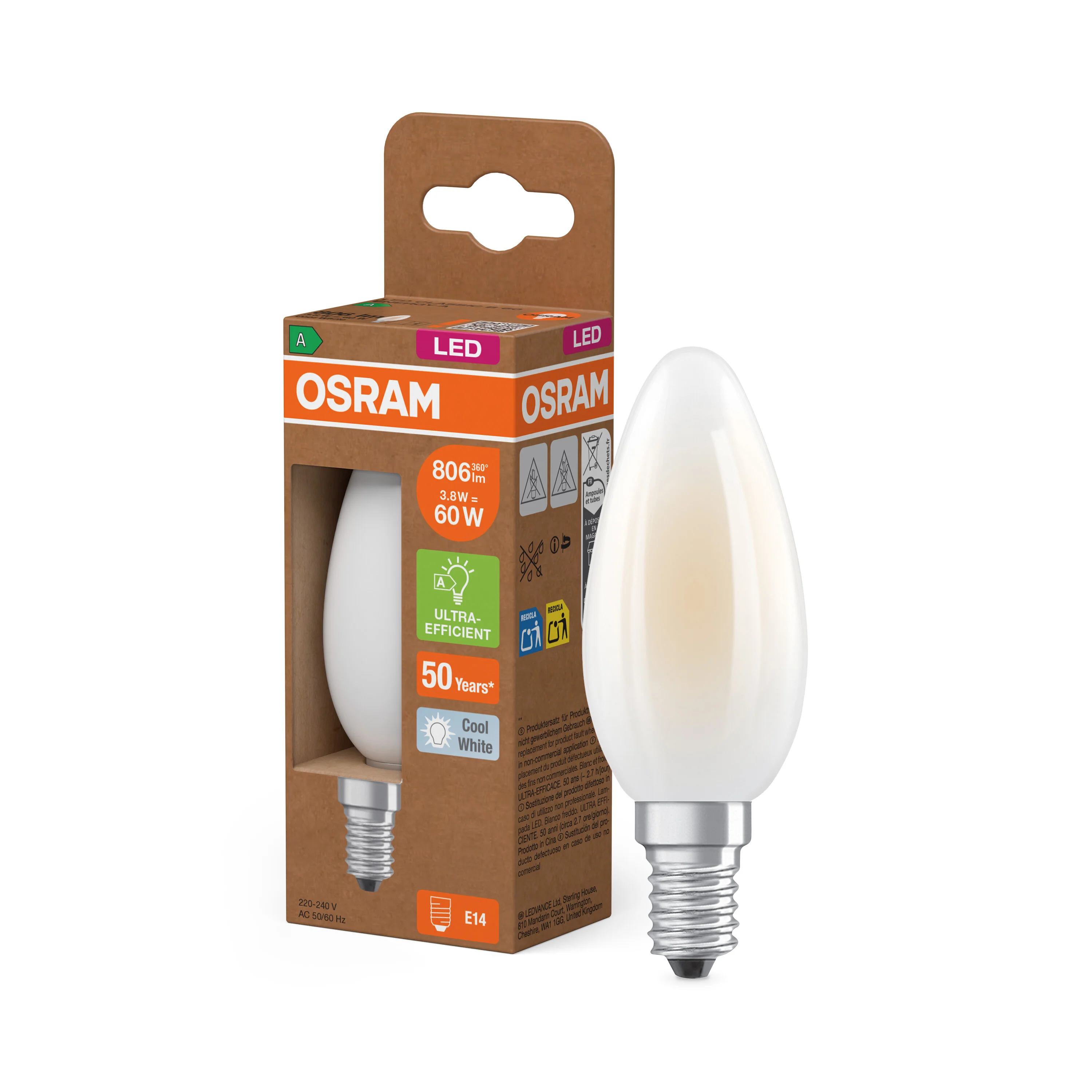Żarówka LED OSRAM LED Classic B 60 Filament Energy efficiency class A 3.8W 840 Frosted E14 - Image 4