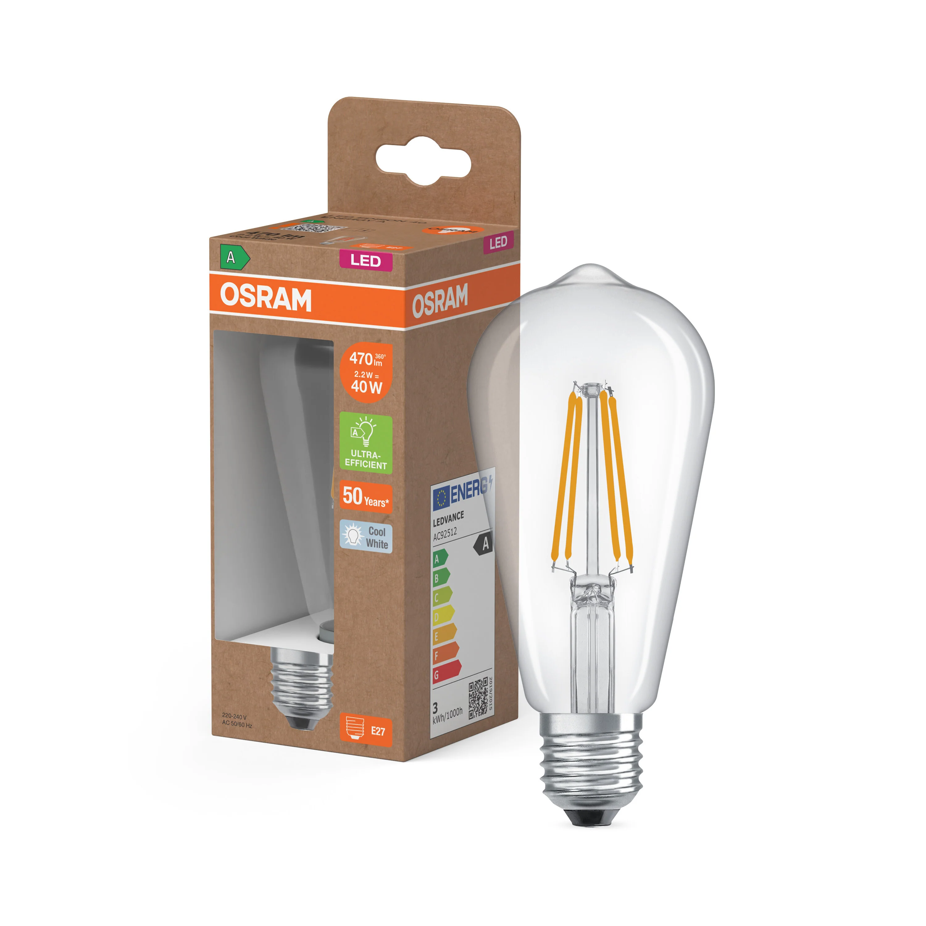 Żarówka LED OSRAM LED Classic Edison 40 Filament Energy efficiency class A 2.2W 840 Clear E27 - Image 4