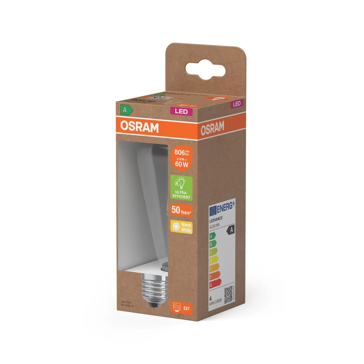 Żarówka LED OSRAM LED Classic Edison 60 Filament Energy efficiency class A 3.8W 827 Clear E27 - Image 2