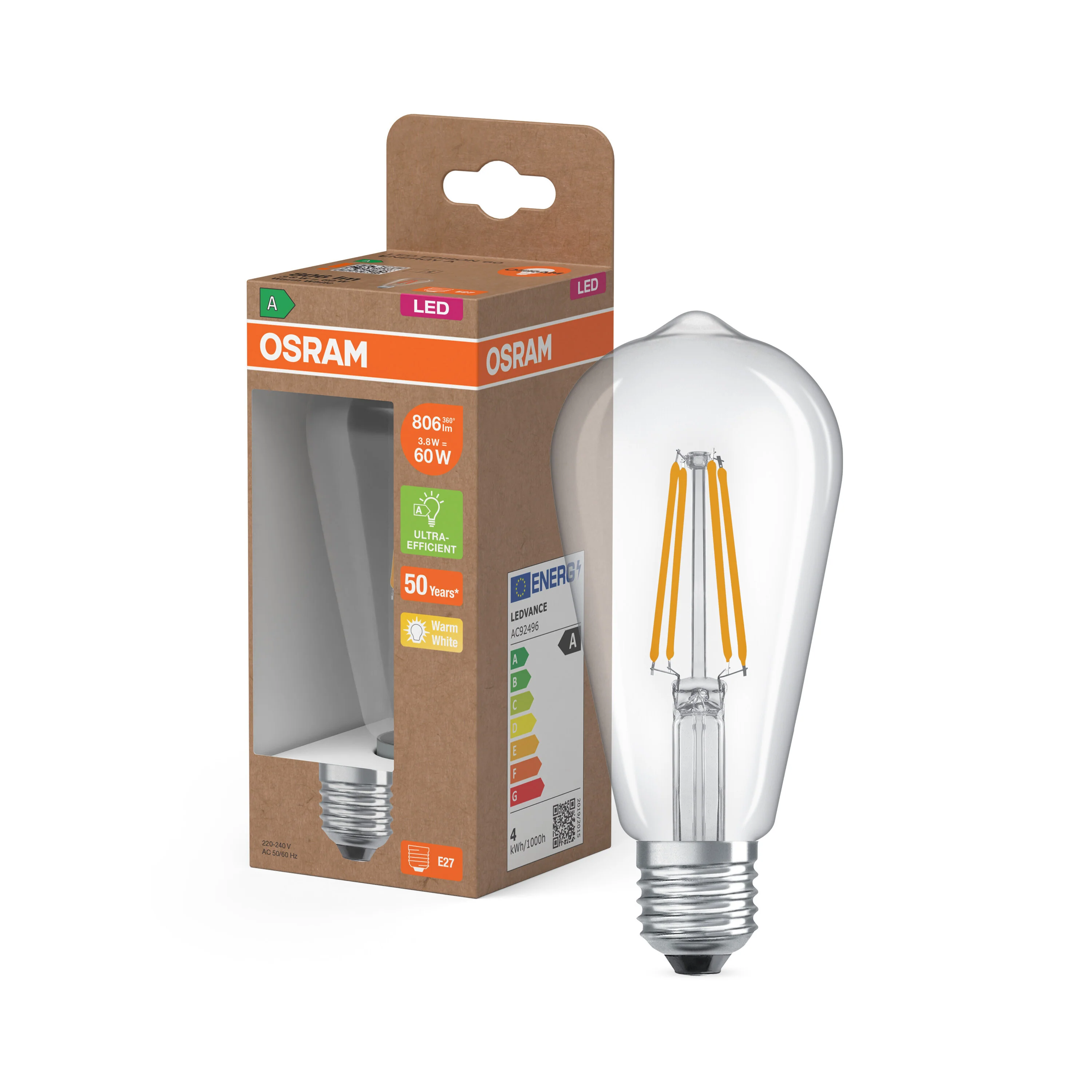 Żarówka LED OSRAM LED Classic Edison 60 Filament Energy efficiency class A 3.8W 827 Clear E27 - Image 4