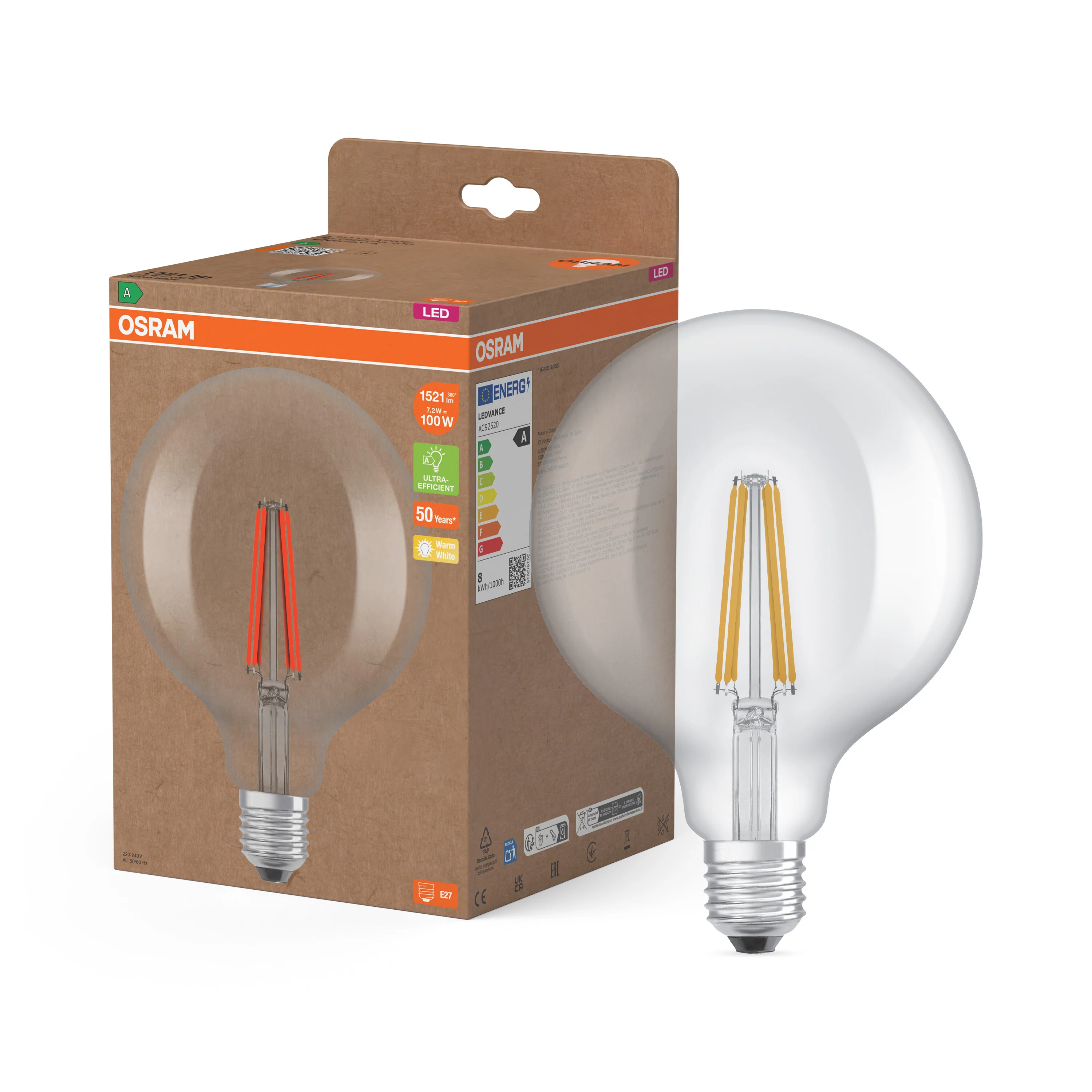 Żarówka LED OSRAM LED Classic Globe 125 100 Filament Energy efficiency class A 7.2W 827 Clear E27 - Image 4