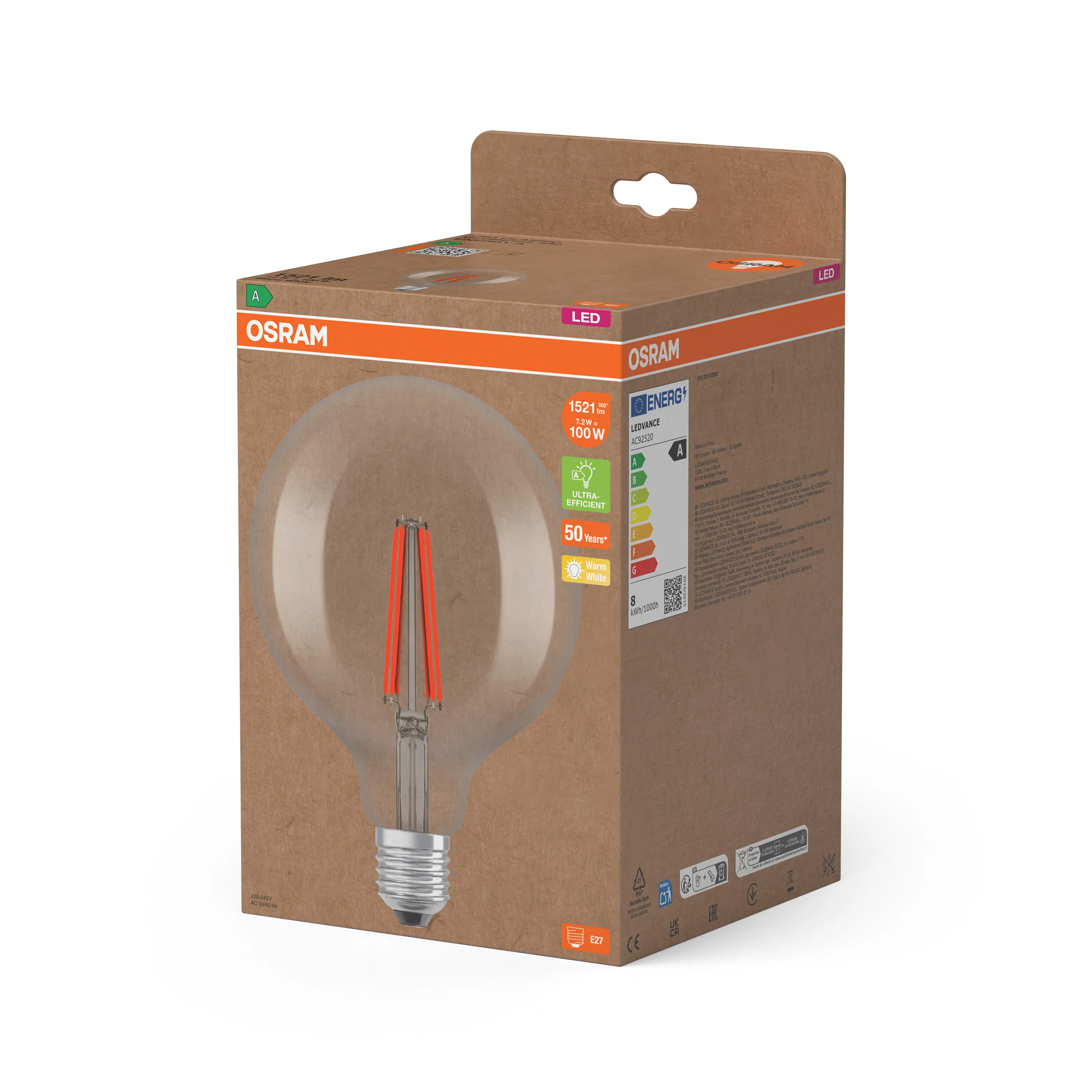 Żarówka LED OSRAM LED Classic Globe 125 100 Filament Energy efficiency class A 7.2W 827 Clear E27 - Image 5