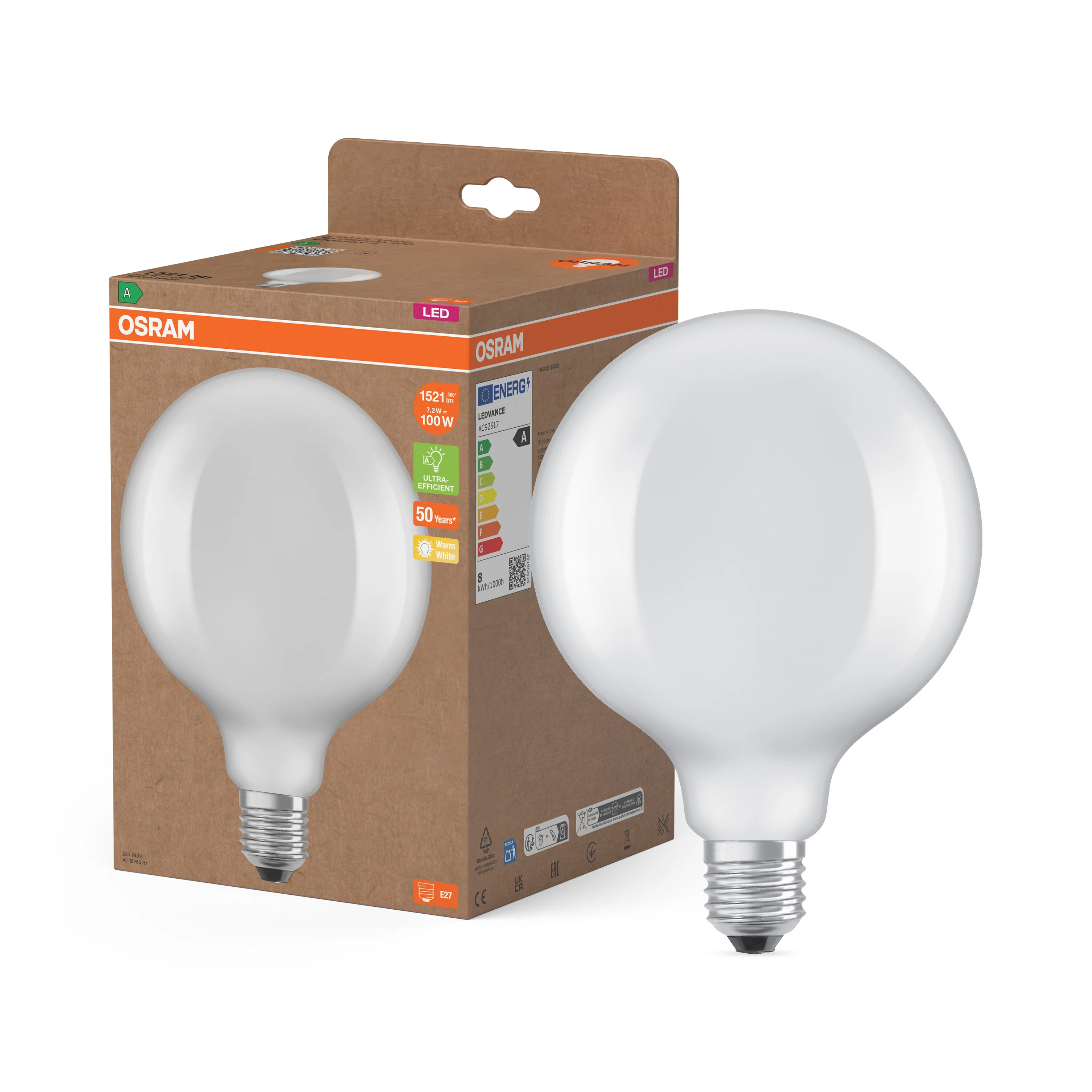 Żarówka LED OSRAM LED Classic Globe 125 100 Filament Energy efficiency class A 7.2W 827 Frosted E27 - Image 4