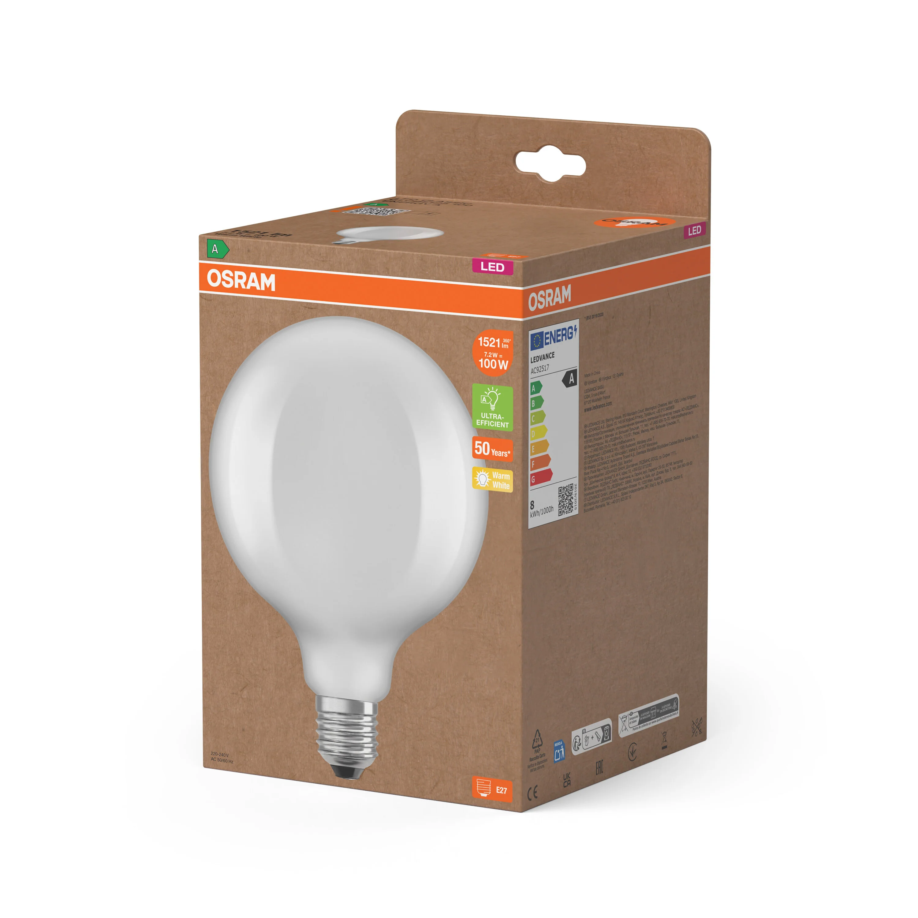 Żarówka LED OSRAM LED Classic Globe 125 100 Filament Energy efficiency class A 7.2W 827 Frosted E27 - Image 5