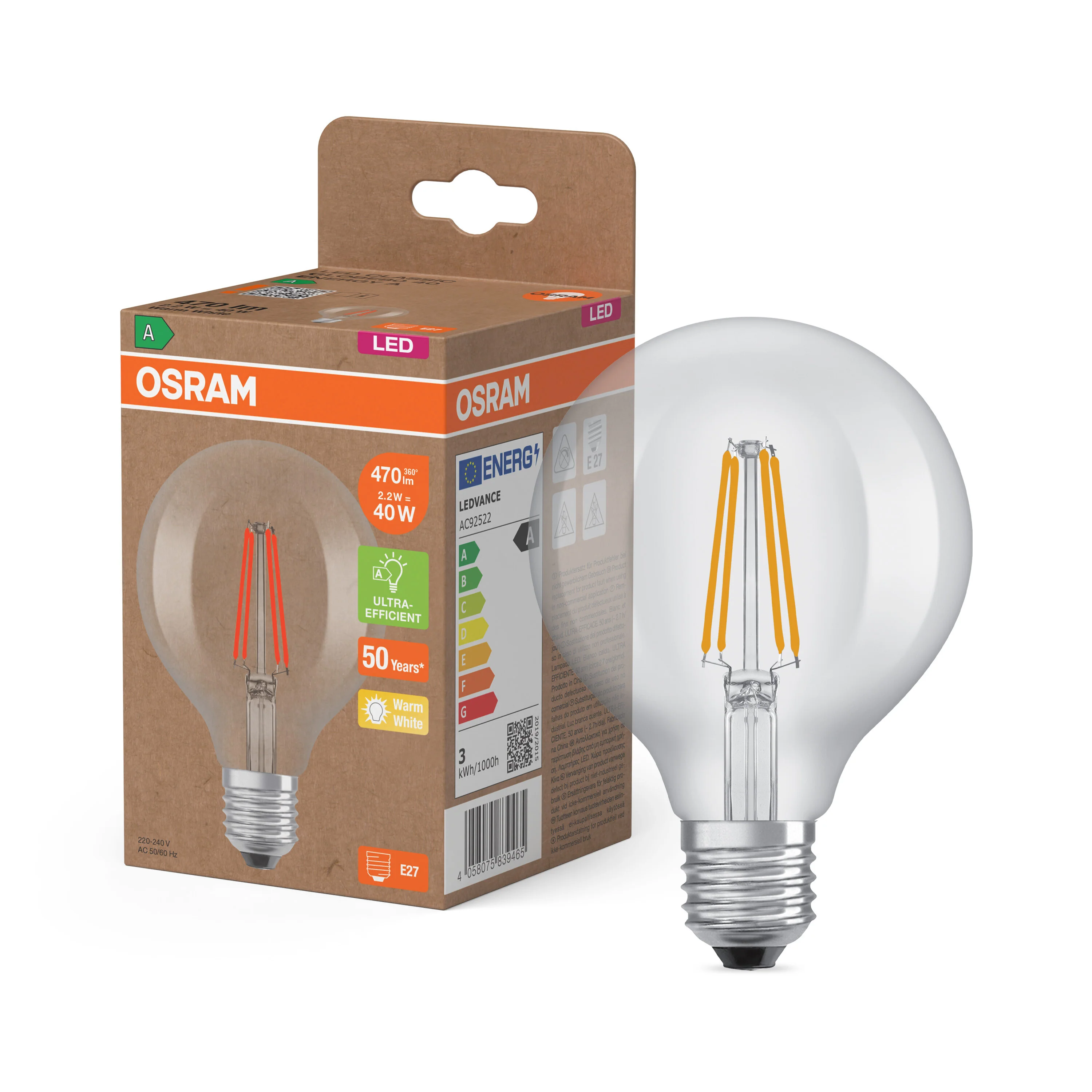 Żarówka LED OSRAM LED Classic Globe 80 40 Filament Energy efficiency class A 2.2W 827 Clear E27 - Image 4