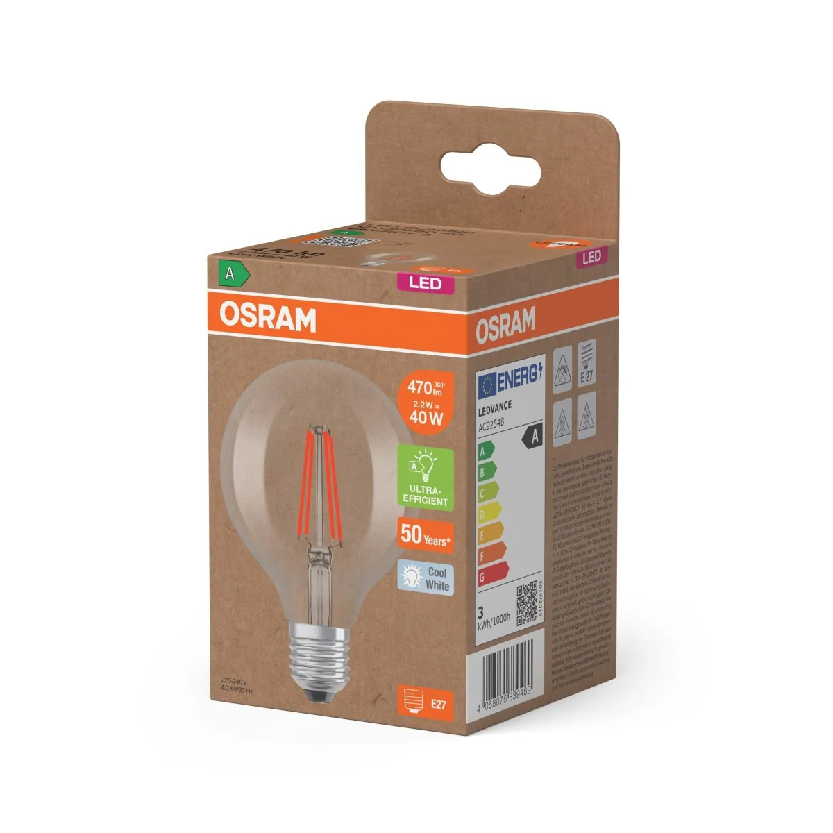 Żarówka LED OSRAM LED Classic Globe 80 40 Filament Energy efficiency class A 2.2W 840 Clear E27 - Image 2