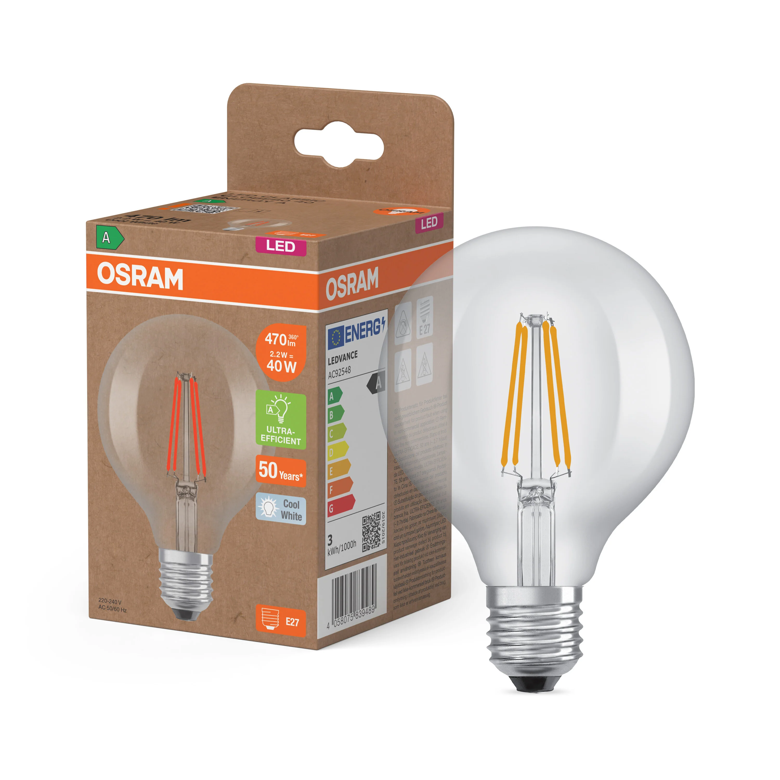 Żarówka LED OSRAM LED Classic Globe 80 40 Filament Energy efficiency class A 2.2W 840 Clear E27 - Image 4