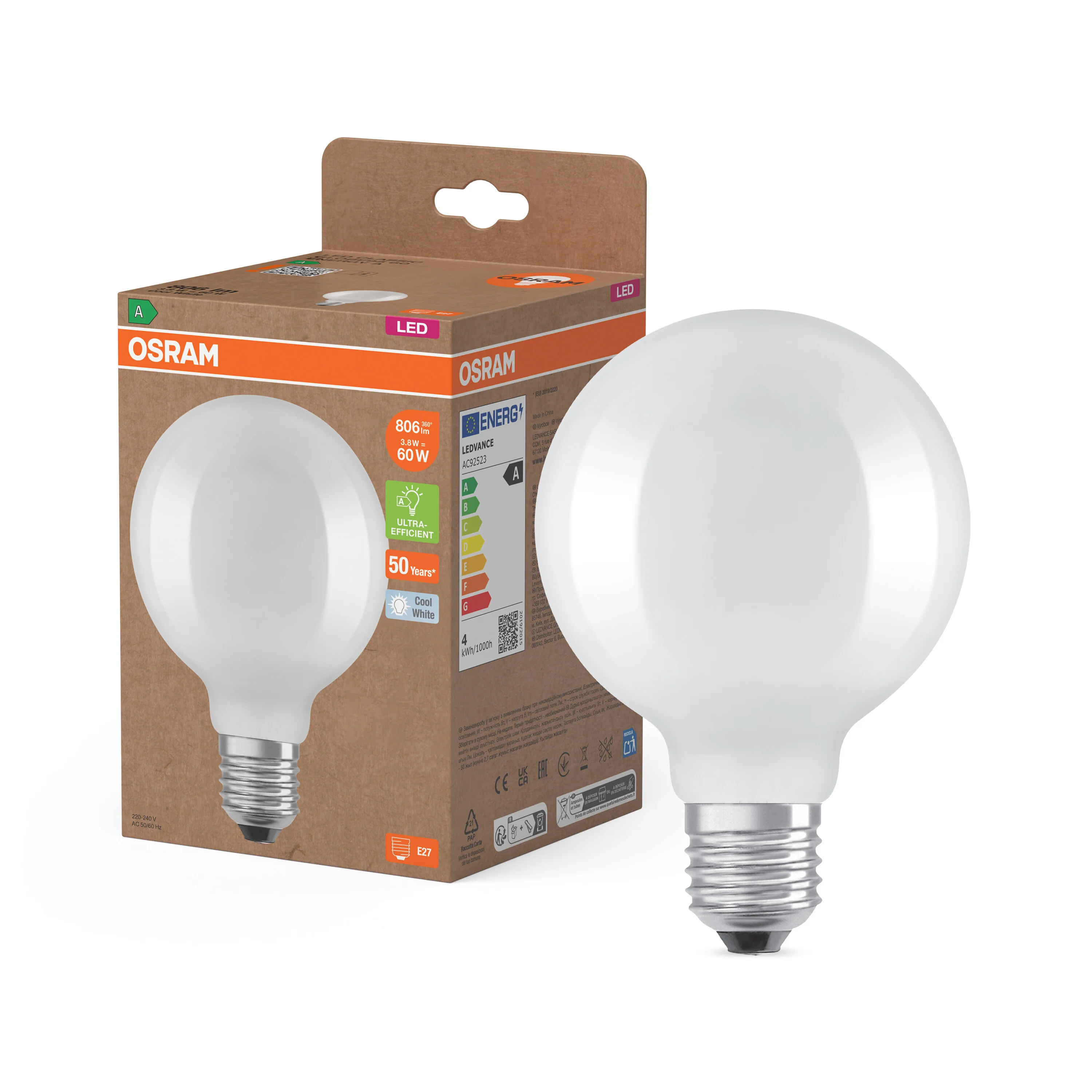 Żarówka LED OSRAM LED Classic Globe 95 60 Filament Energy efficiency class A 3.8W 840 Frosted E27 - Image 4