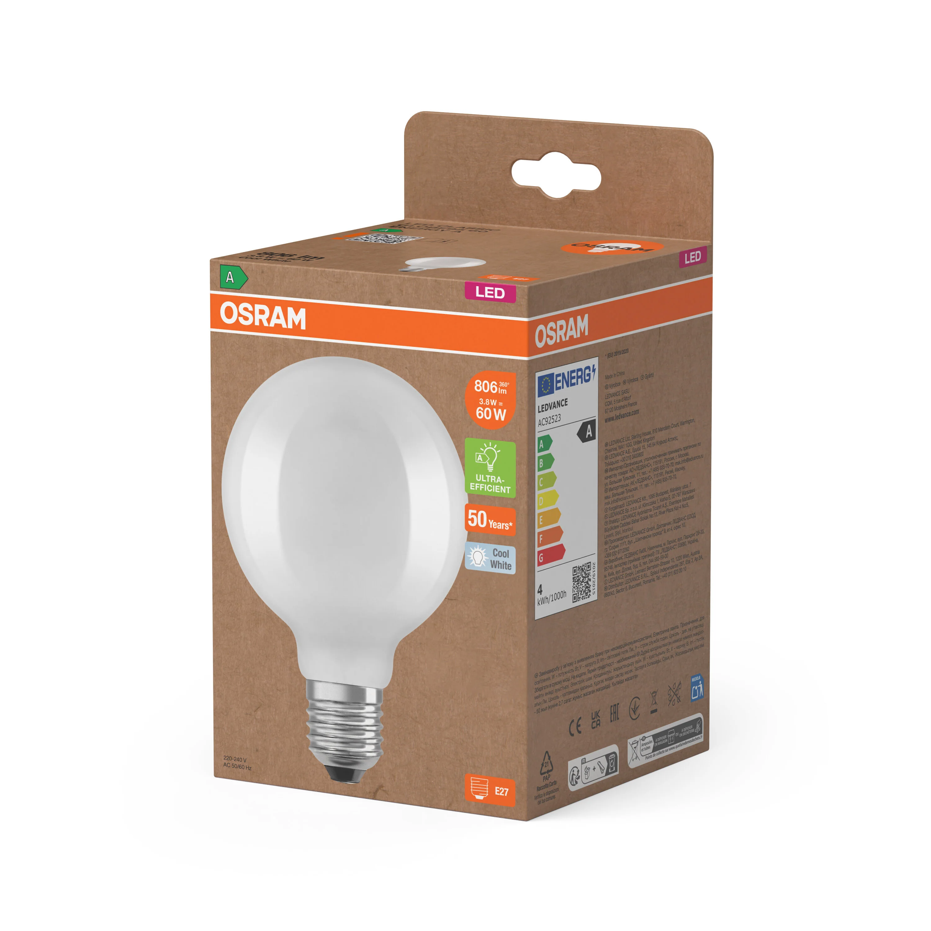 Żarówka LED OSRAM LED Classic Globe 95 60 Filament Energy efficiency class A 3.8W 840 Frosted E27 - Image 5