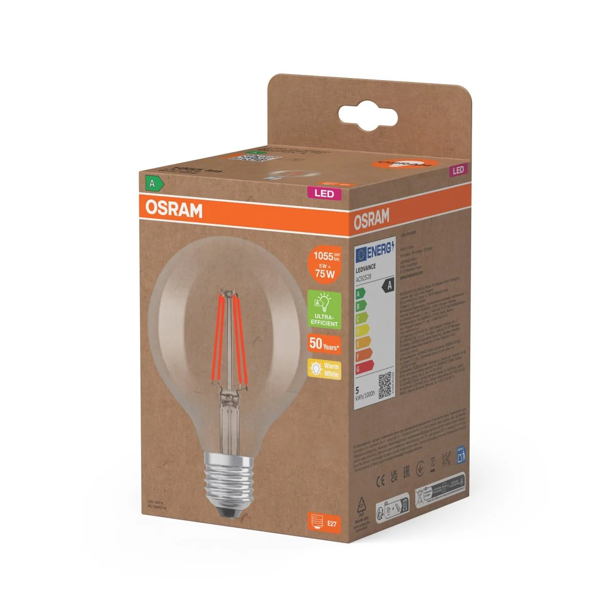 Żarówka LED OSRAM LED Classic Globe 95 75 Filament Energy efficiency class A 5W 827 Clear E27 - Image 2