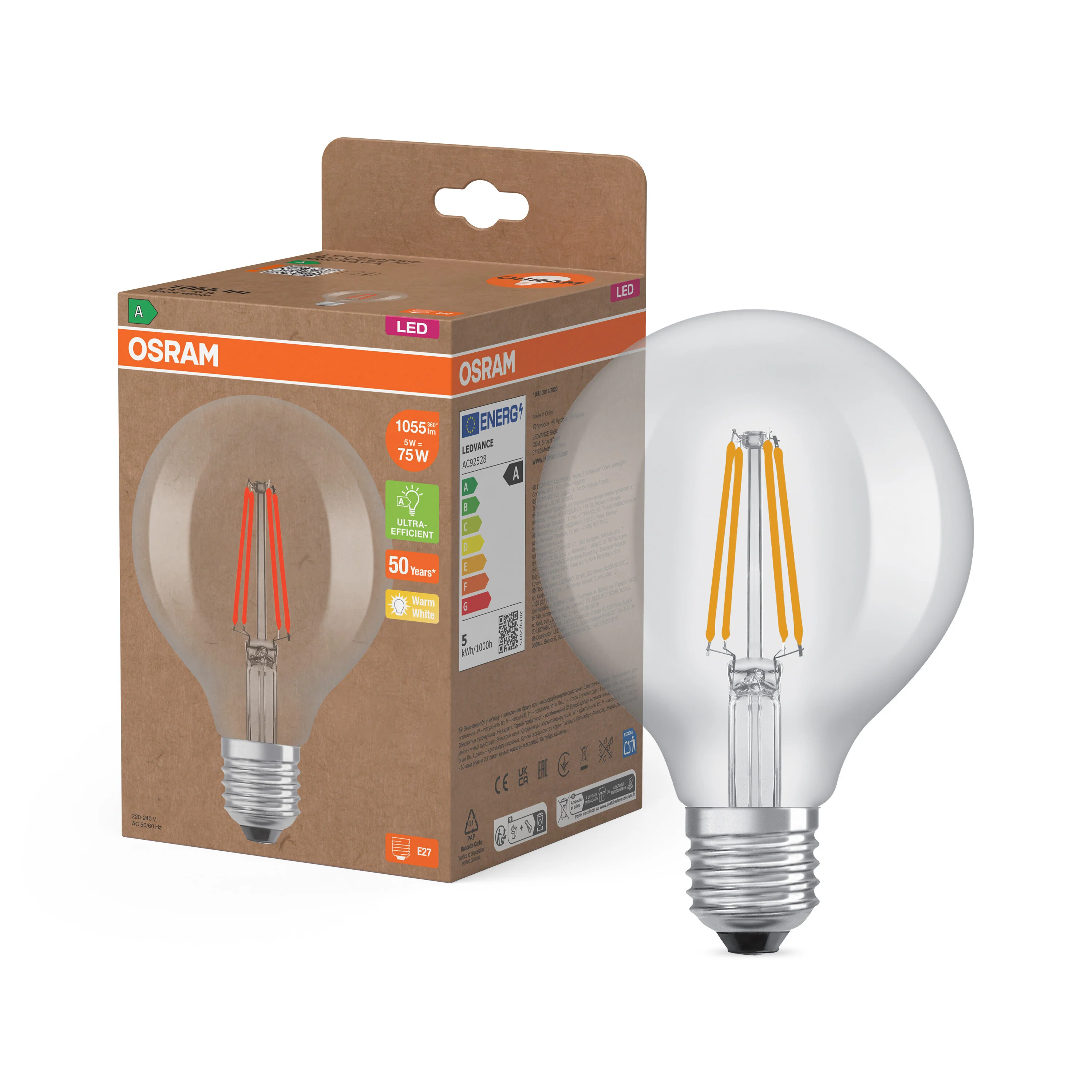 Żarówka LED OSRAM LED Classic Globe 95 75 Filament Energy efficiency class A 5W 827 Clear E27 - Image 4