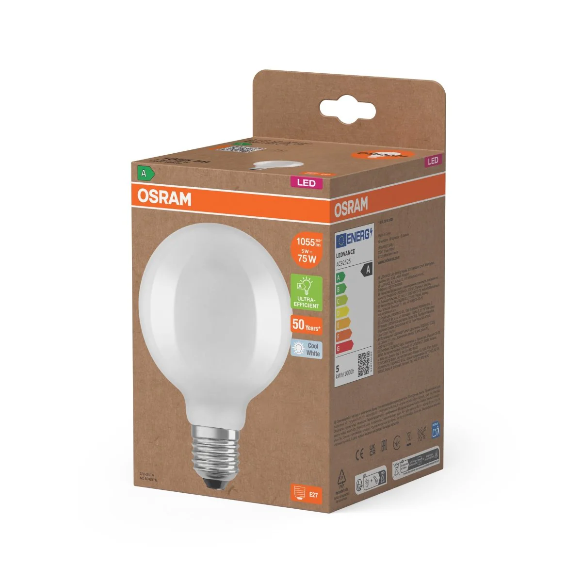 Żarówka LED OSRAM LED Classic Globe 95 75 Filament Energy efficiency class A 5W 840 Frosted E27 - Image 2