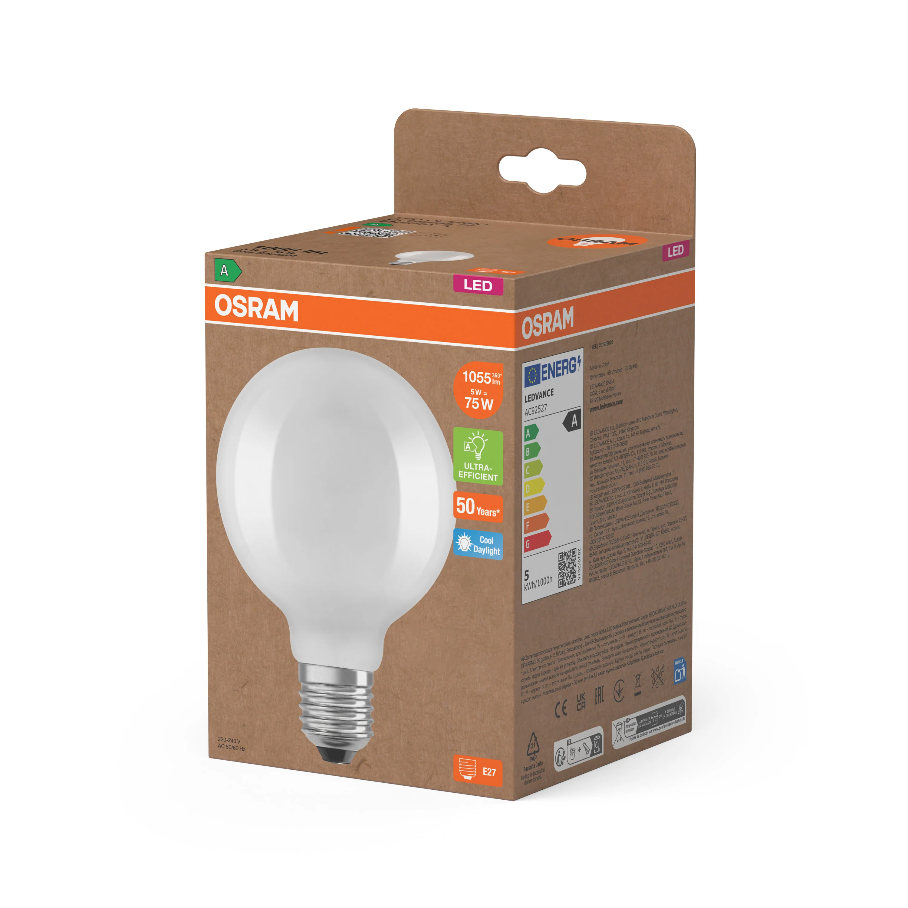 Żarówka LED OSRAM LED Classic Globe 95 75 Filament Energy efficiency class A 5W 865 Frosted E27 - Image 5