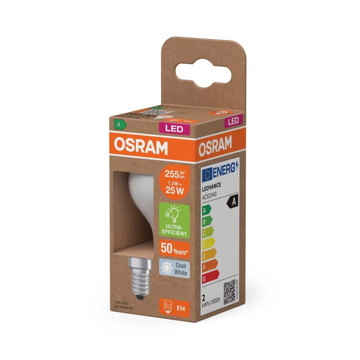 Żarówka LED OSRAM LED Classic P 25 Filament Energy efficiency class A 1.2W 840 Frosted E14 - Image 2