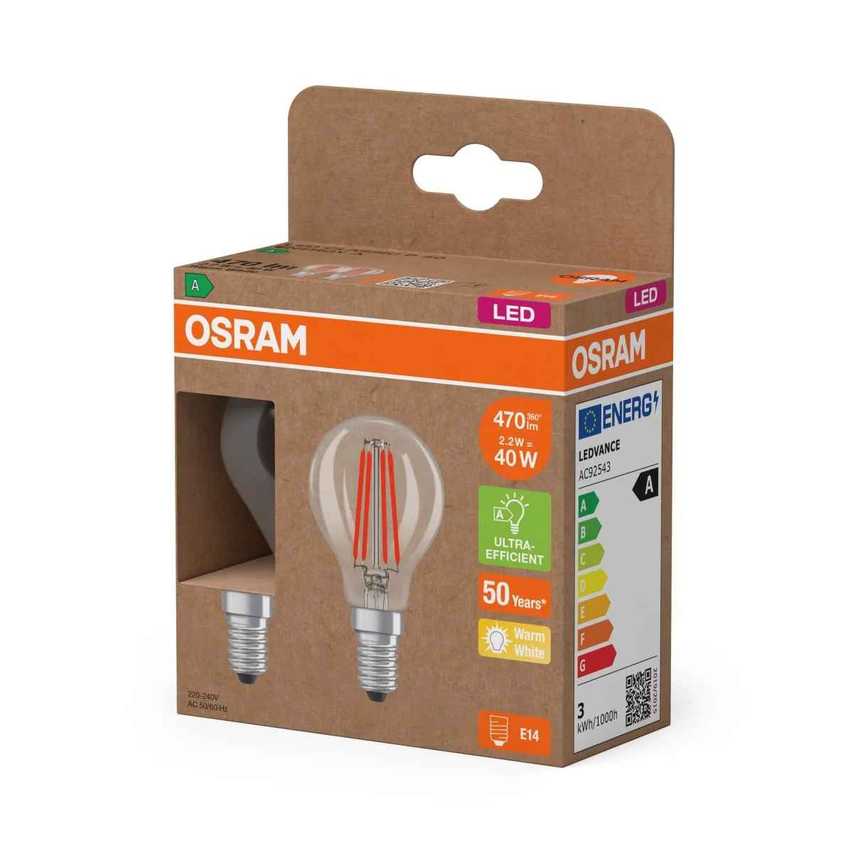 Żarówka LED OSRAM LED Classic P 40 Filament Energy efficiency class A 2.2W 827 Clear E14 - Image 2