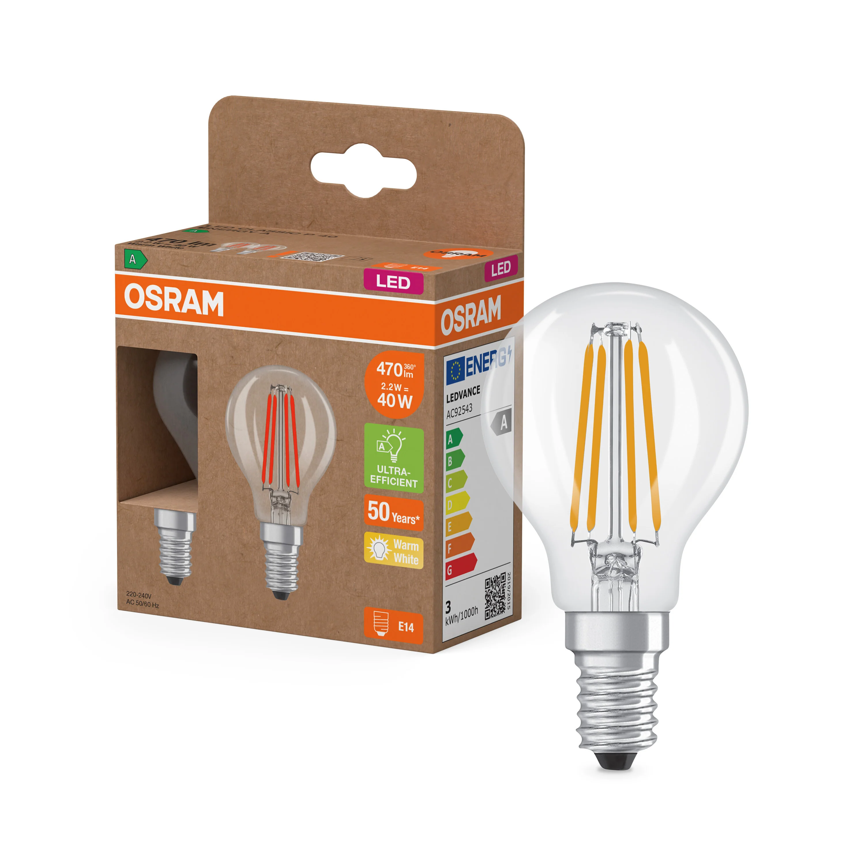 Żarówka LED OSRAM LED Classic P 40 Filament Energy efficiency class A 2.2W 827 Clear E14 - Image 4