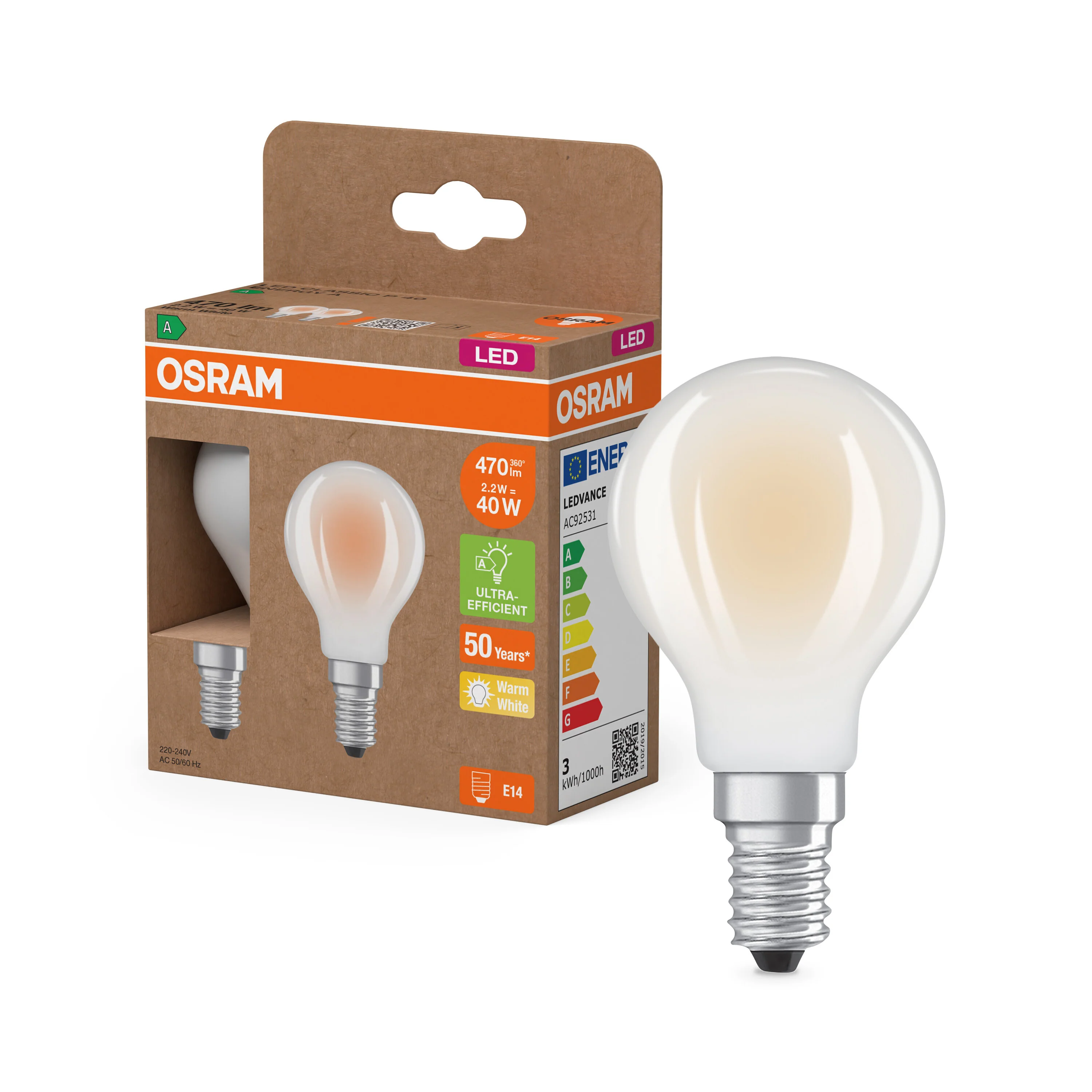 Żarówka LED OSRAM LED Classic P 40 Filament Energy efficiency class A 2.2W 827 Frosted E14 - Image 4