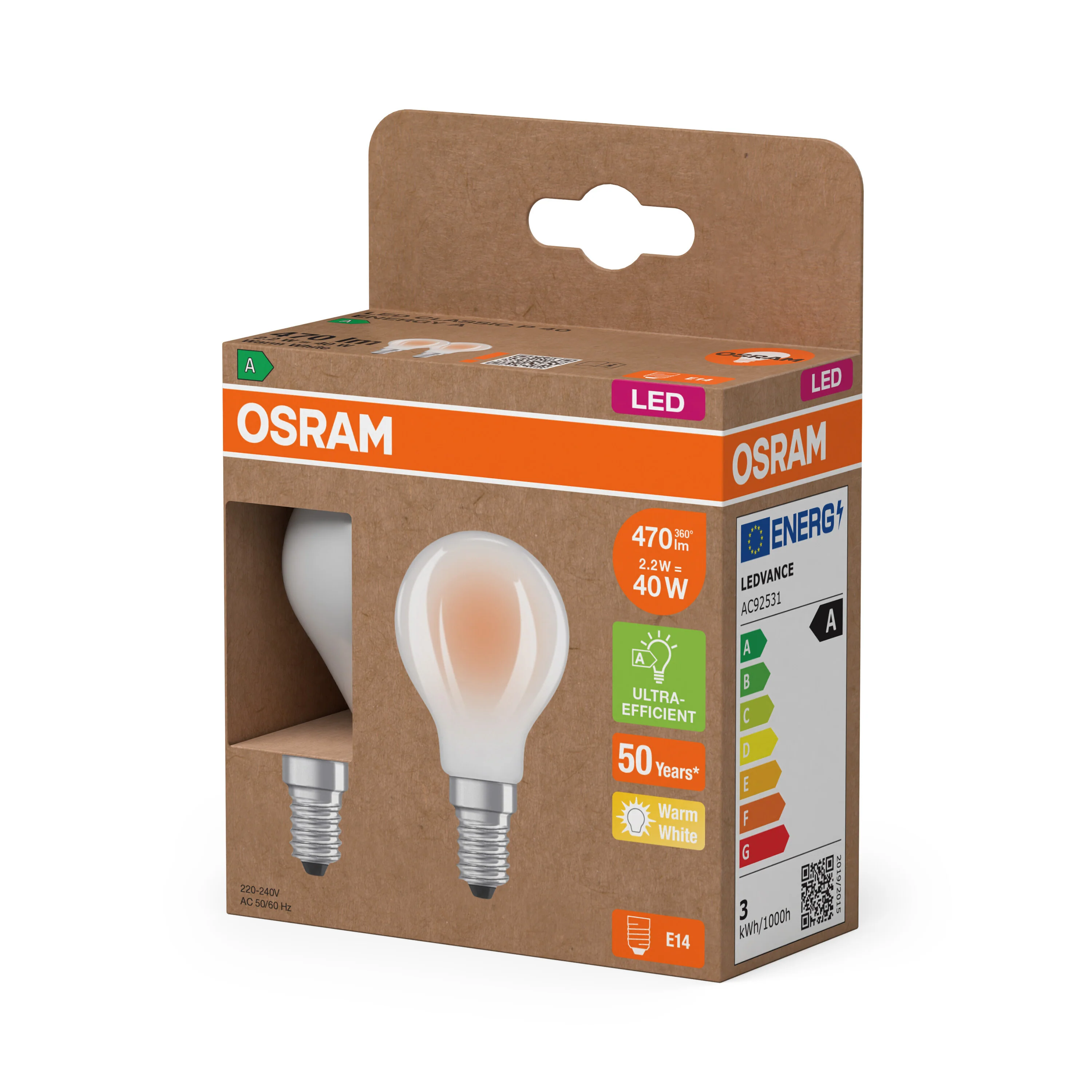 Żarówka LED OSRAM LED Classic P 40 Filament Energy efficiency class A 2.2W 827 Frosted E14 - Image 5