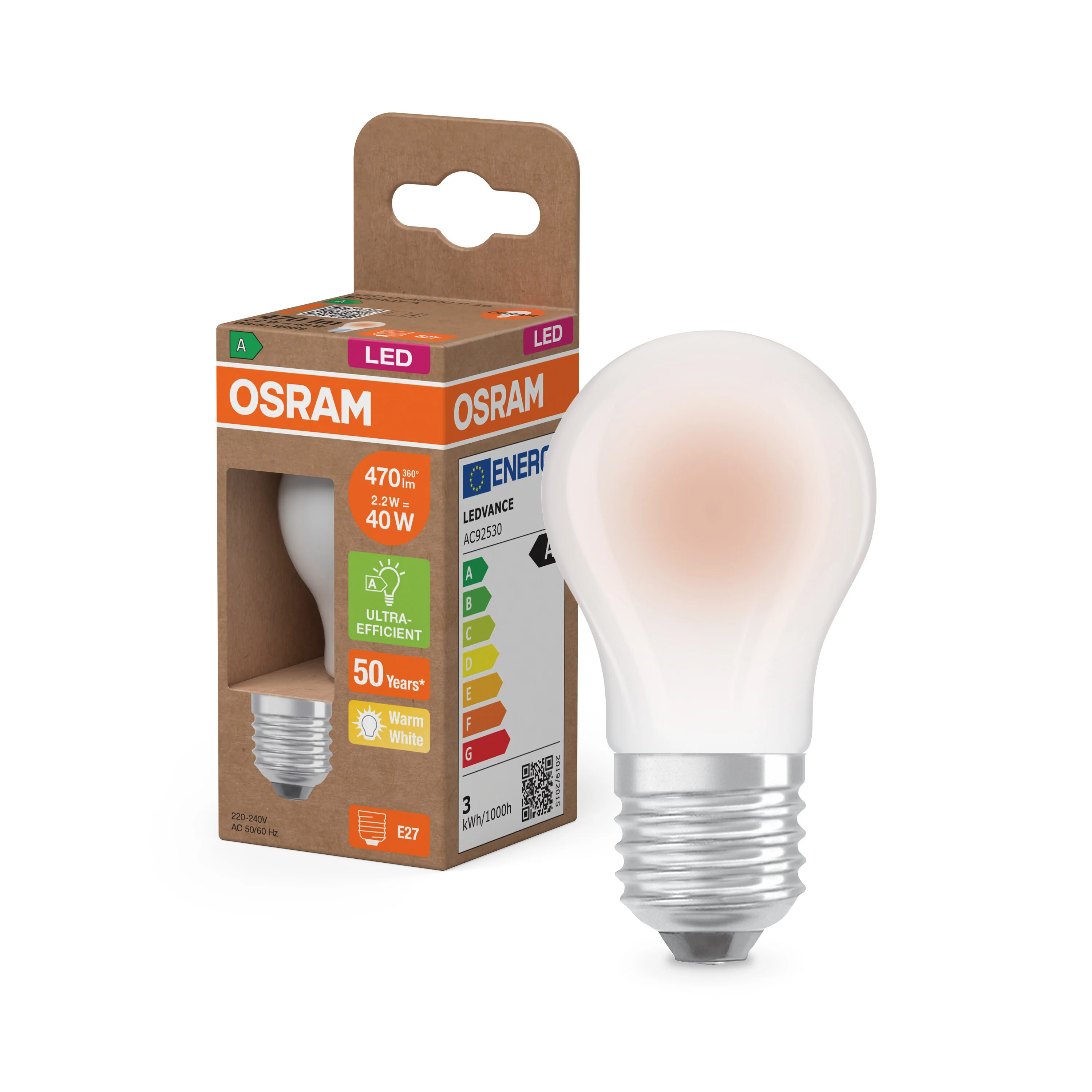 Żarówka LED OSRAM LED Classic P 40 Filament Energy efficiency class A 2.2W 827 Frosted E27 - Image 4