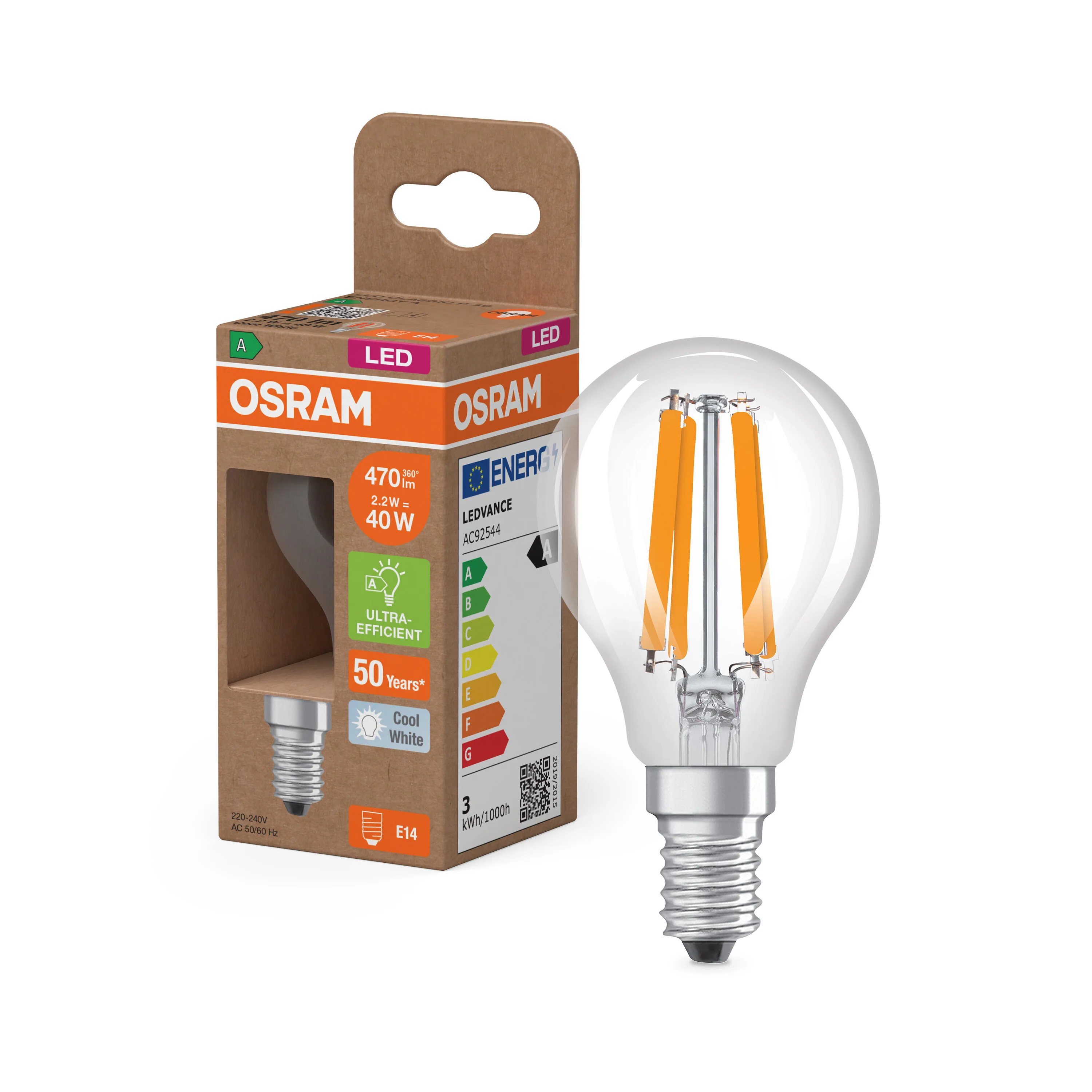 Żarówka LED OSRAM LED Classic P 40 Filament Energy efficiency class A 2.2W 840 Clear E14 - Image 4