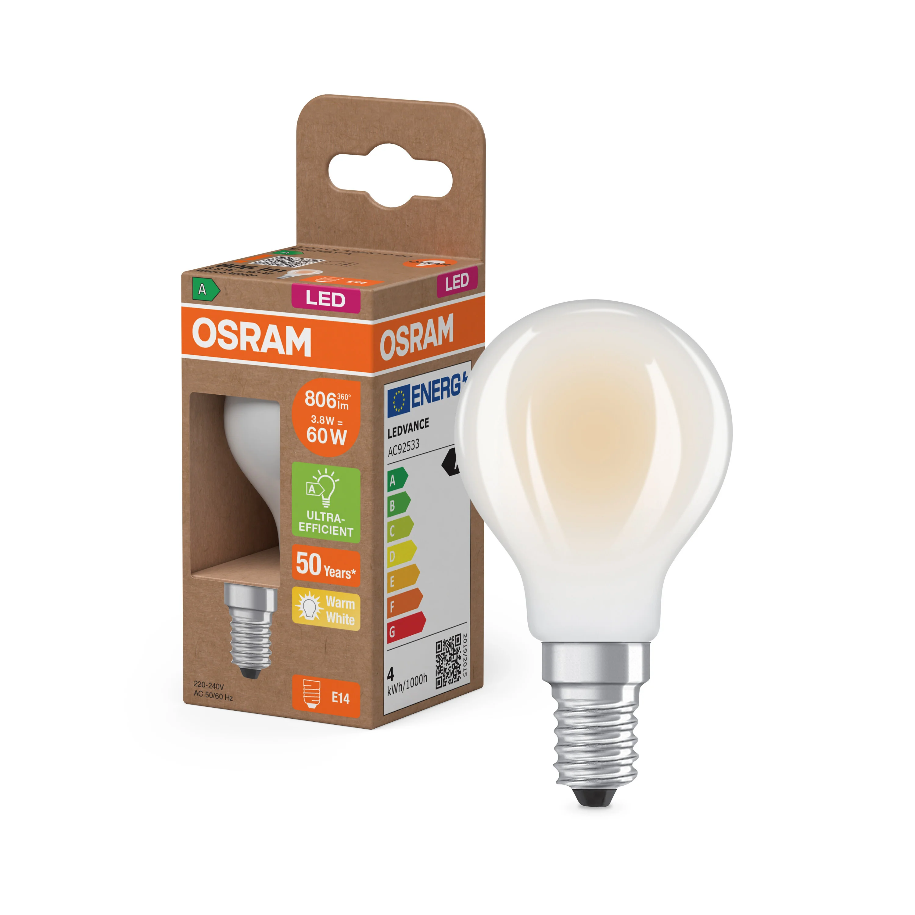 Żarówka LED OSRAM LED Classic P 60 Filament Energy efficiency class A 3.8W 827 Frosted E14 - Image 4