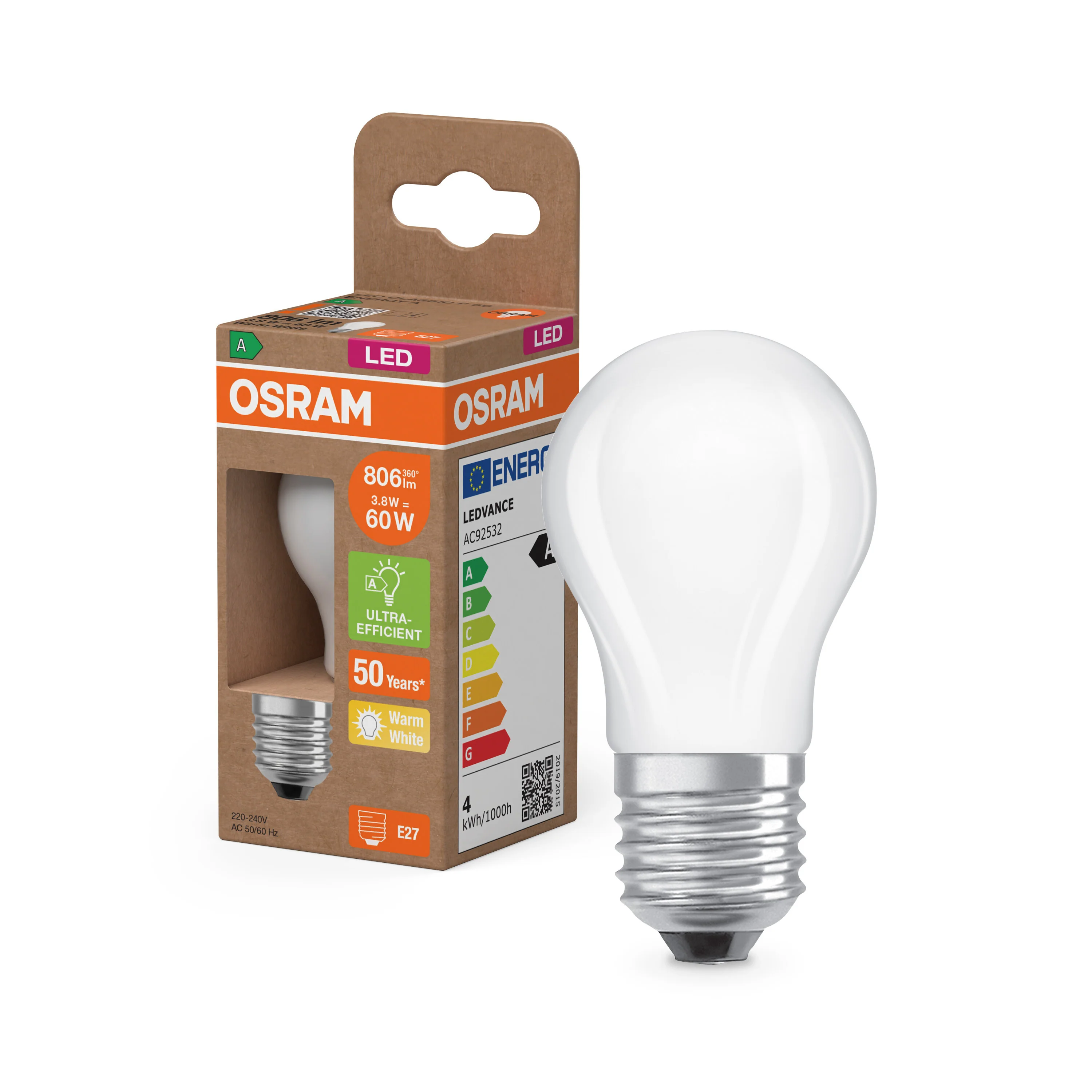 Żarówka LED OSRAM LED Classic P 60 Filament Energy efficiency class A 3.8W 827 Frosted E27 - Image 4
